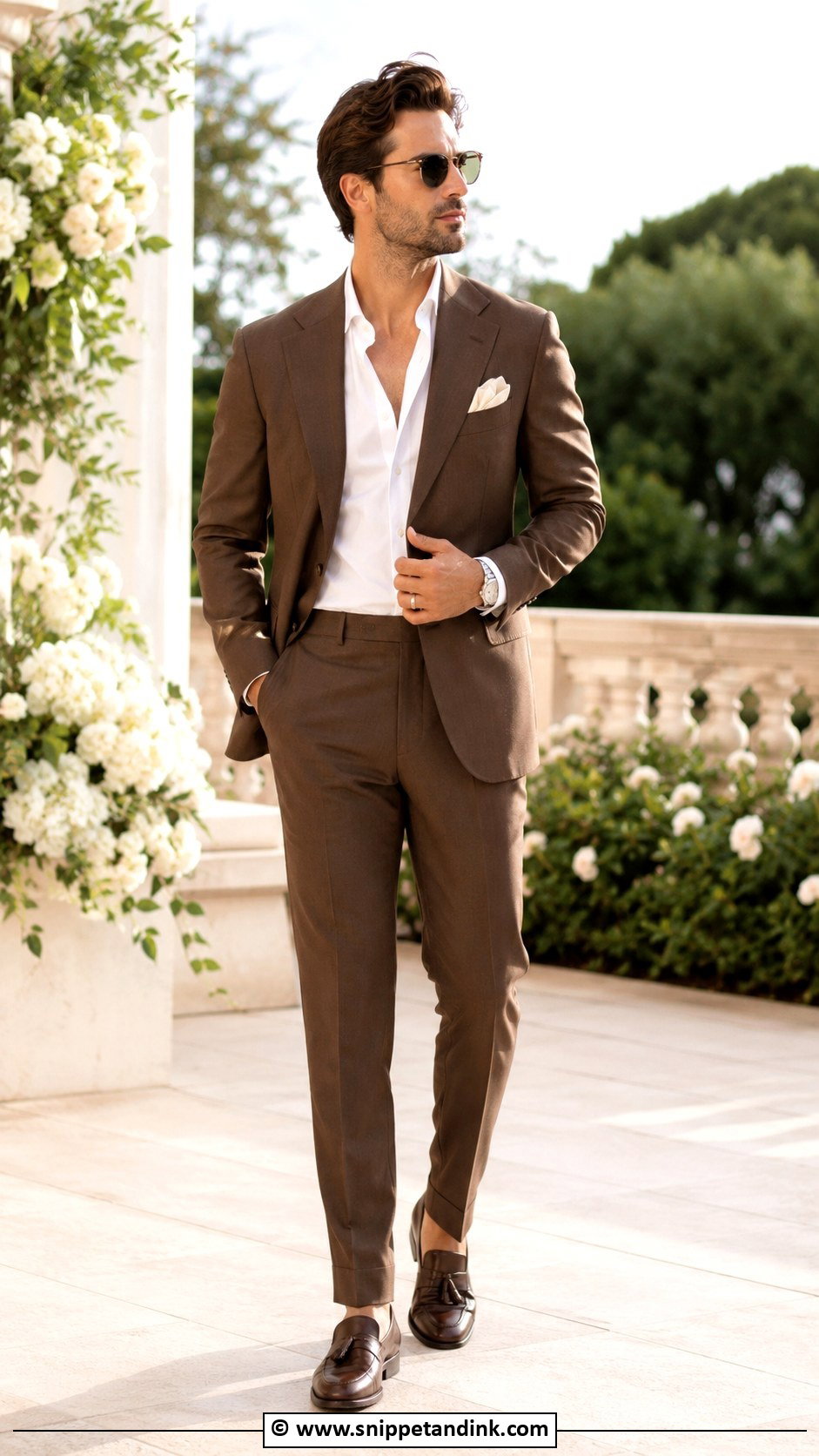 Brown Suit With Open Collar Shirt - Snippet and Ink - 30 Brown Suit Wedding Ideas