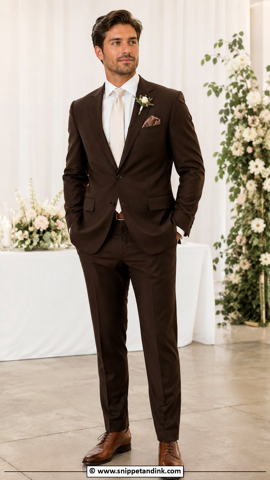 Brown Suit With Patterned Pocket Square - Snippet and Ink - 30 Brown Suit Wedding Ideas