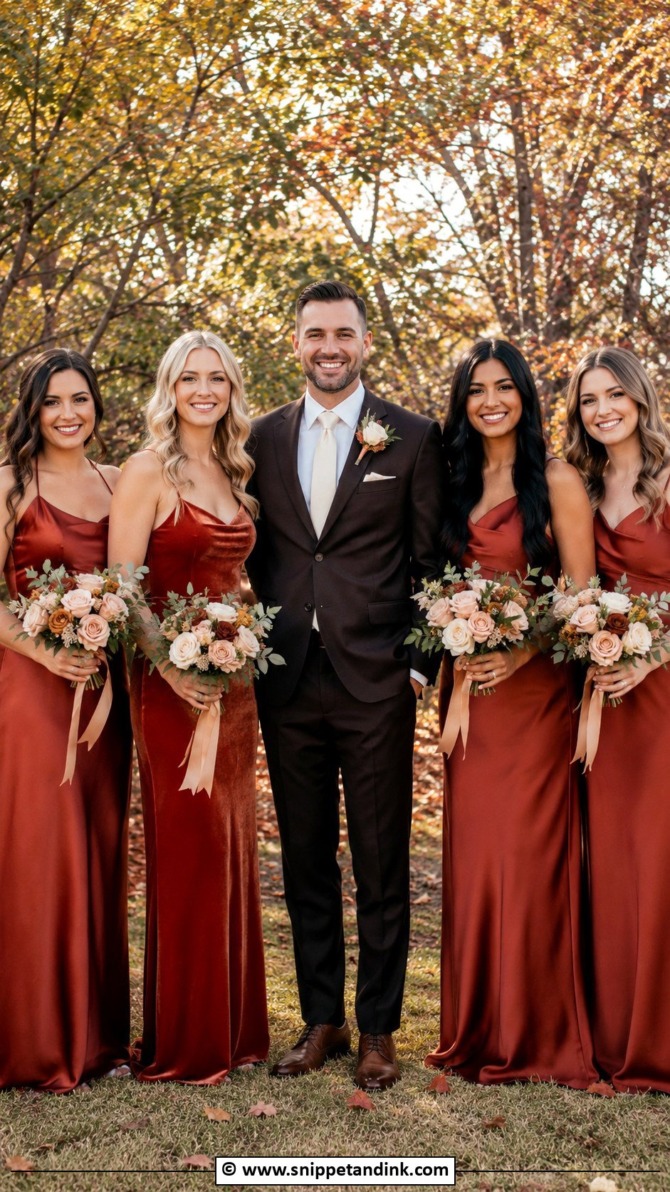 Brown Suit With Rust Bridesmaid Dresses - Snippet and Ink - 30 Brown Suit Wedding Ideas