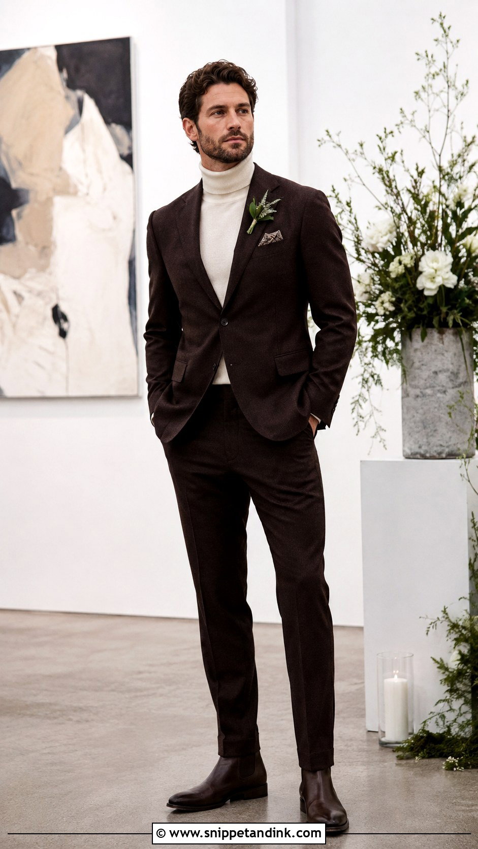 Brown Suit With Turtleneck - Snippet and Ink - 20 Brown Suit for Wedding Ideas