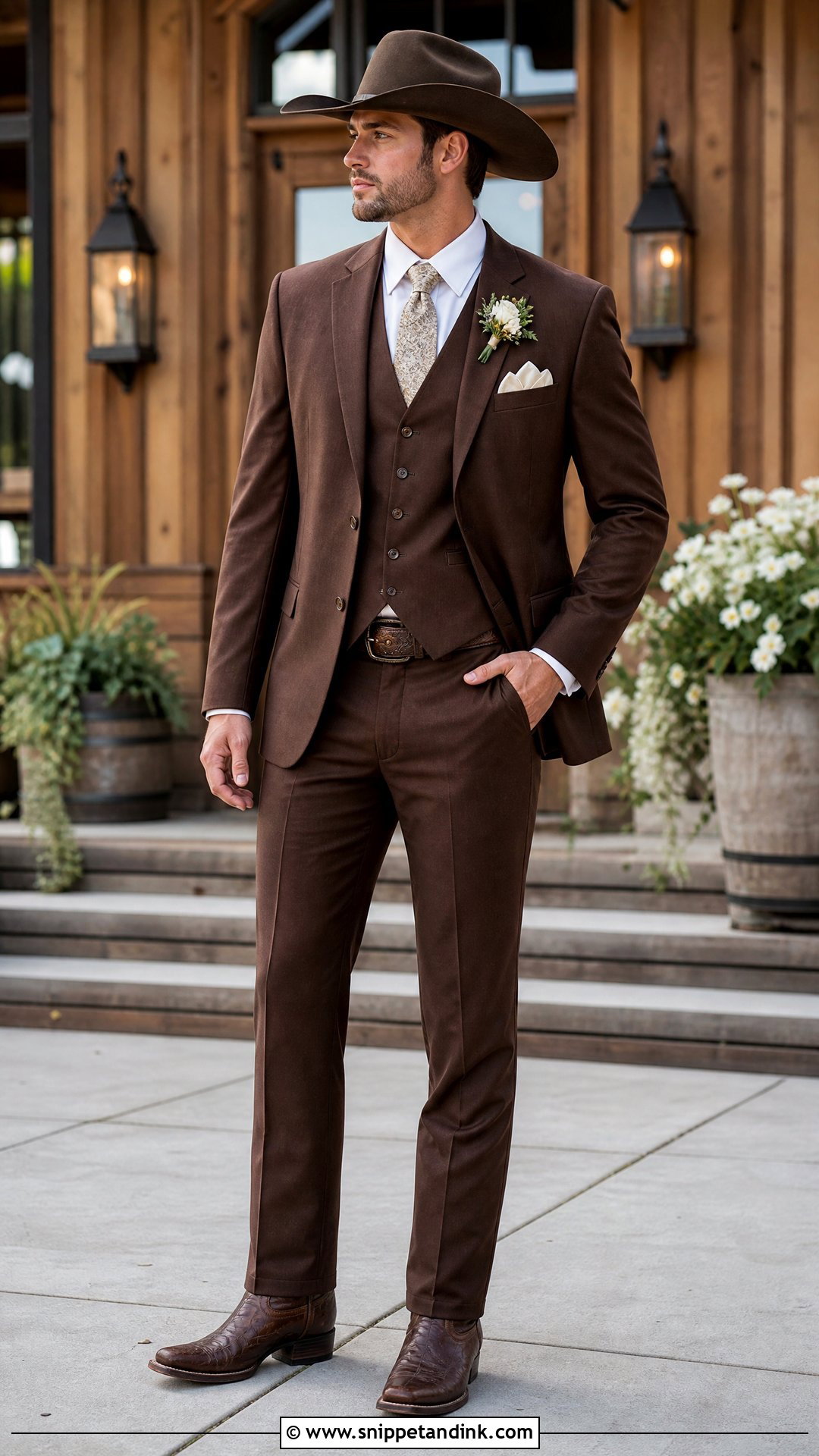 Brown Three Piece Western Wedding Suit - Snippet and Ink - 20 Western Wedding Suit Ideas