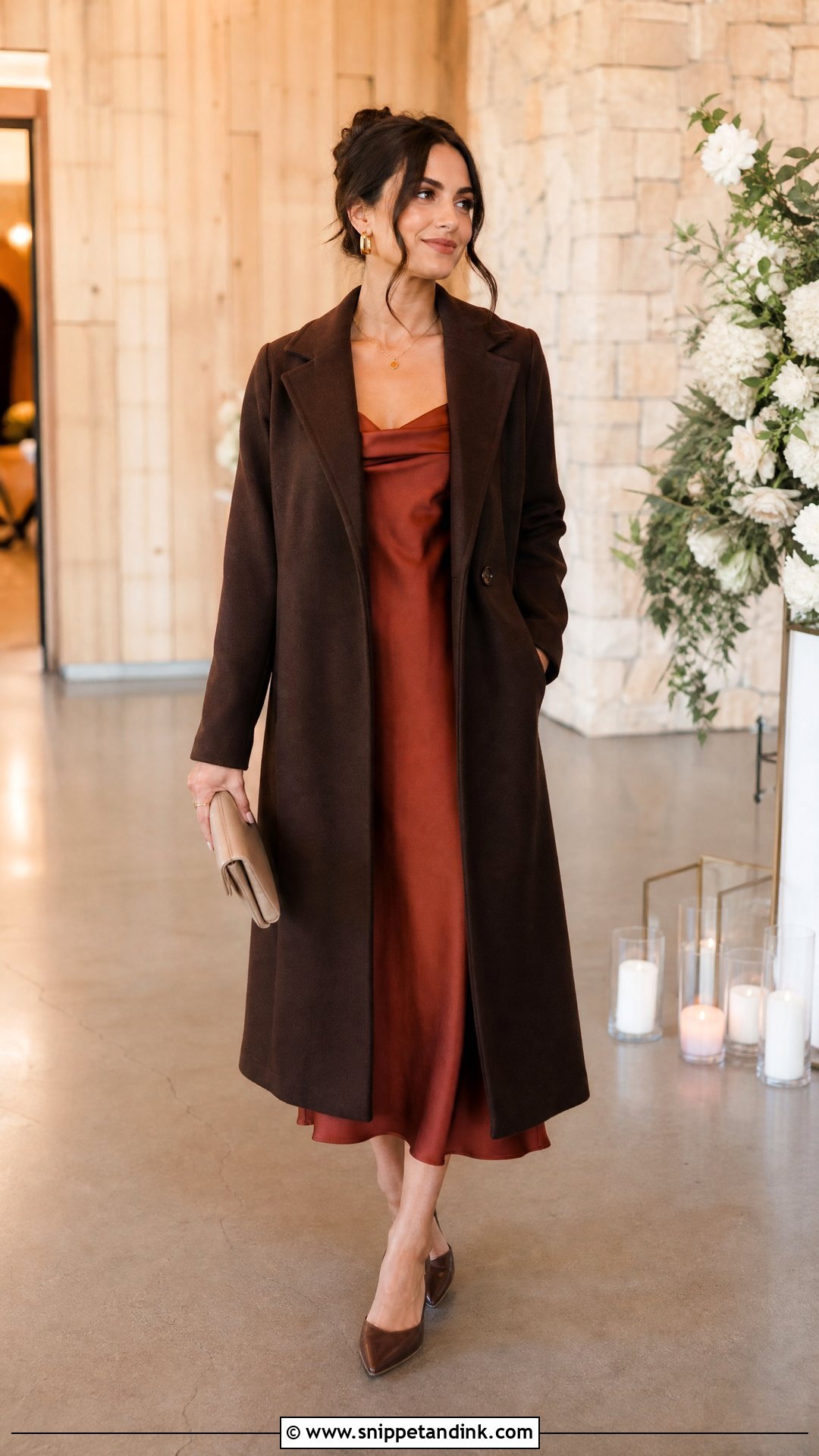 Brown Wedding Coat With Rust Dress - Snippet and Ink - 25 Wedding Coat Ideas