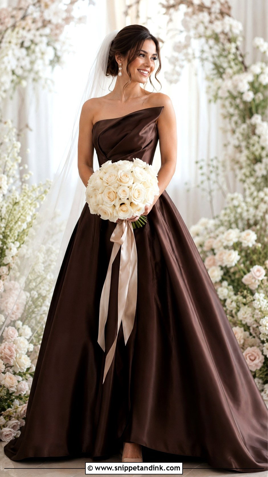 Brown Wedding Dress With Ivory Bouquet - Snippet and Ink - 30 Brown Wedding Dress Ideas