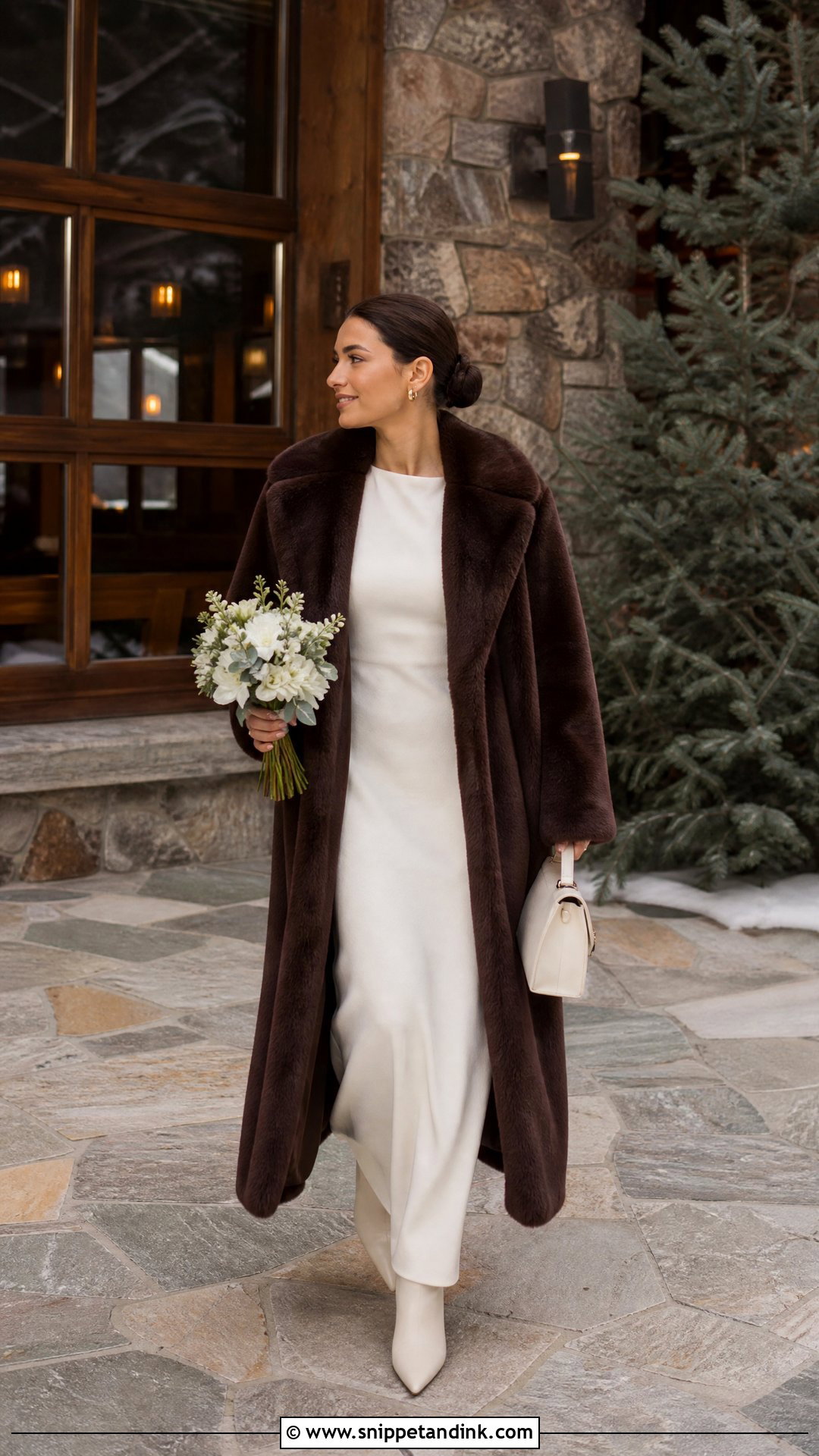 Brown Wedding Fur Coat With Minimal Gown - Snippet and Ink - 20 Wedding Fur Ideas