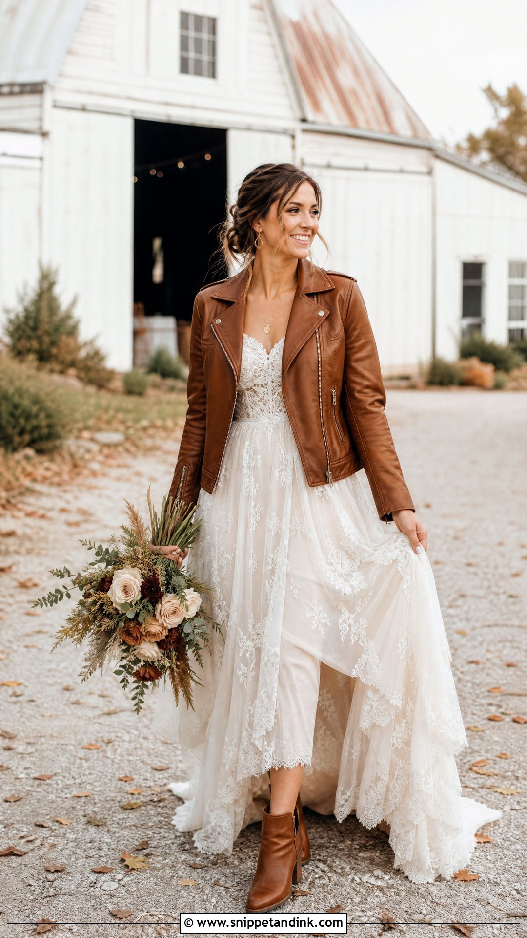 Brown Wedding Leather Jacket With Rustic Dress - Snippet and Ink - 20 Wedding Leather Jacket Ideas