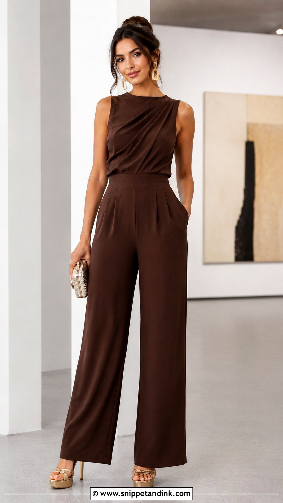 Brown Wide Leg Jumpsuit Wedding Outfit - Snippet and Ink - 20 Brown Wedding Outfit Ideas