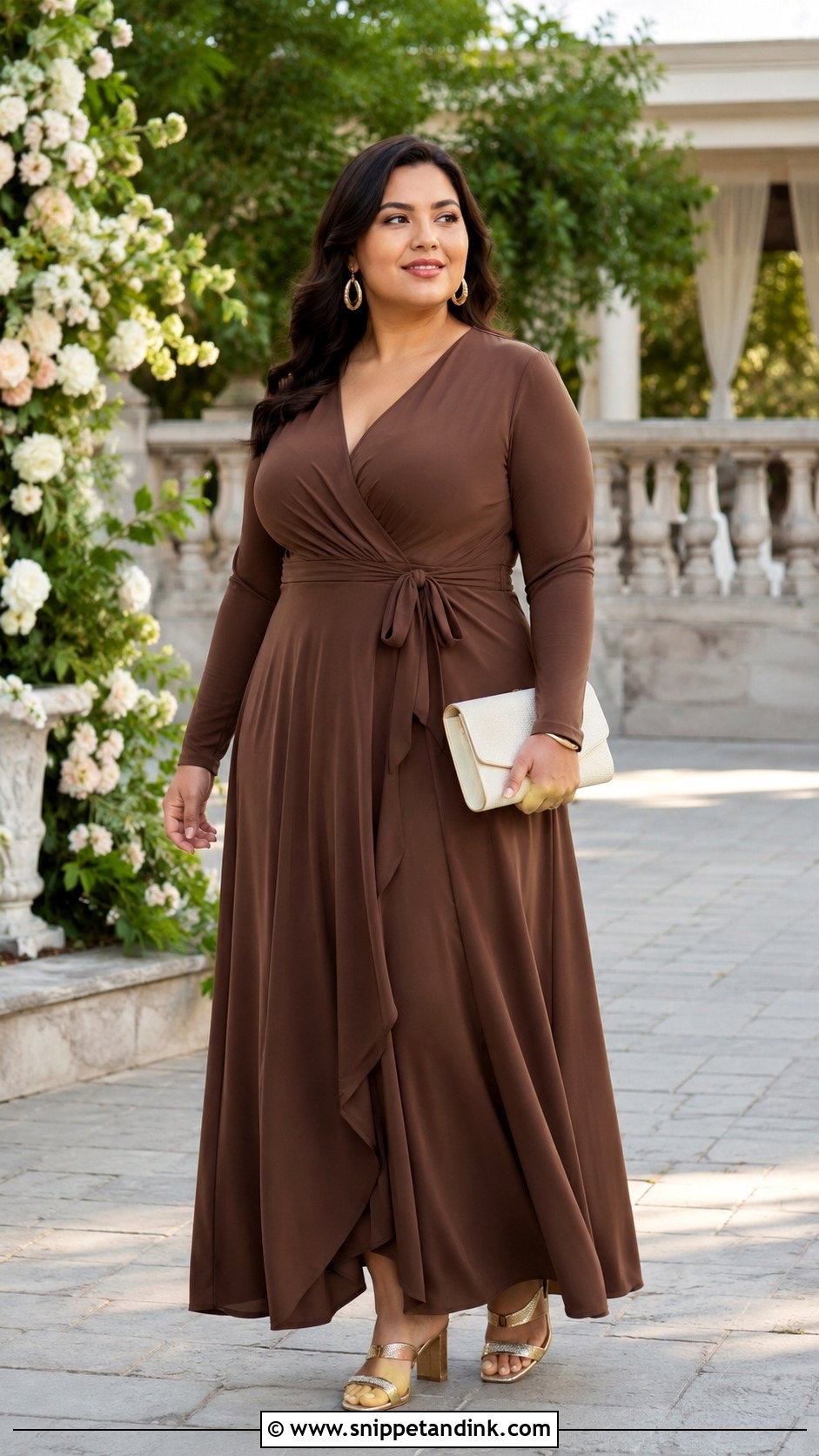 Brown Wrap Maxi Dress Wedding Outfit - Snippet and Ink - 20 Brown Wedding Outfit Ideas