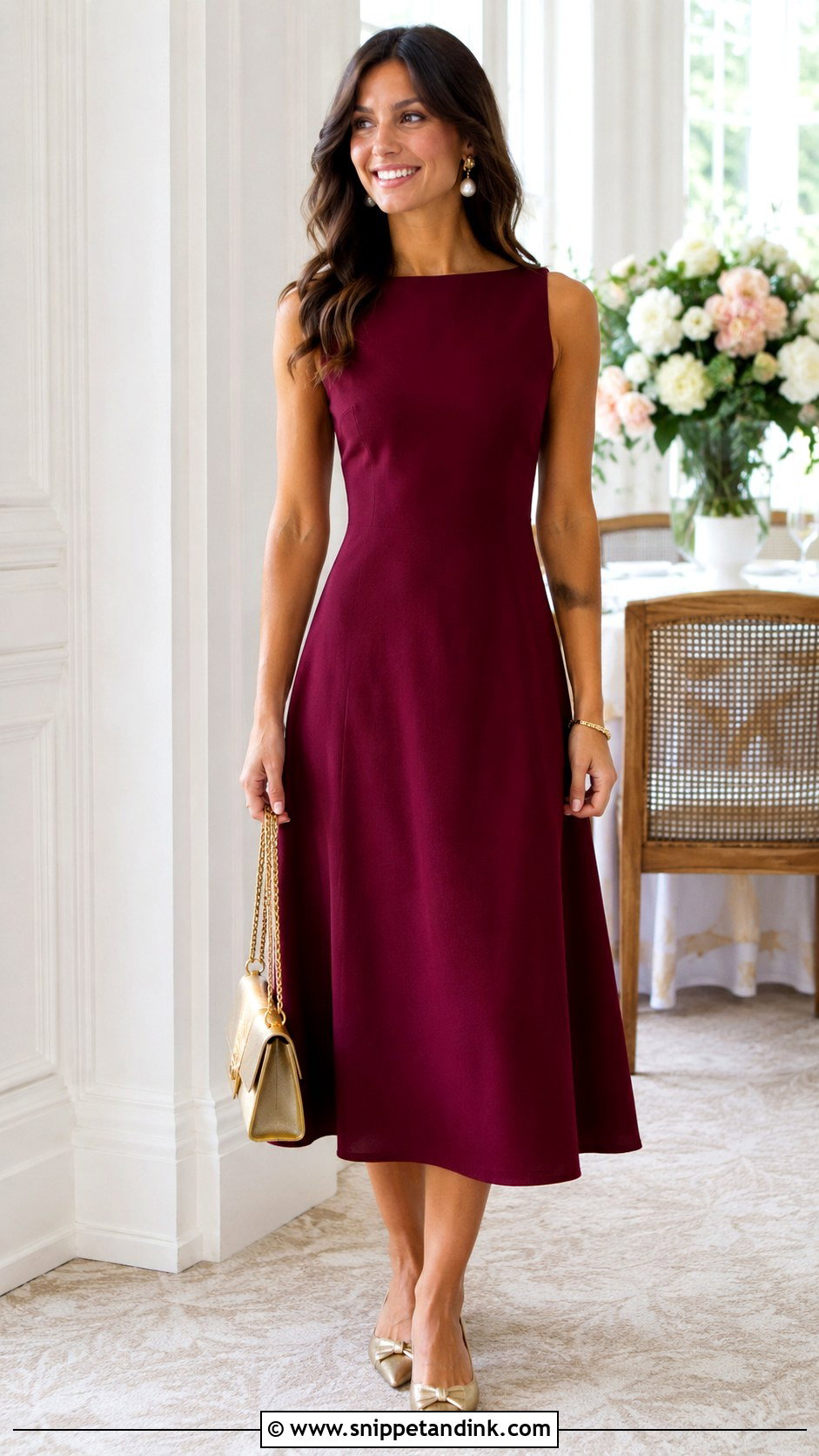 Burgundy A Line Dress With Gold Flats - Snippet and Ink - 20 Burgundy Dress Wedding Outfit Ideas