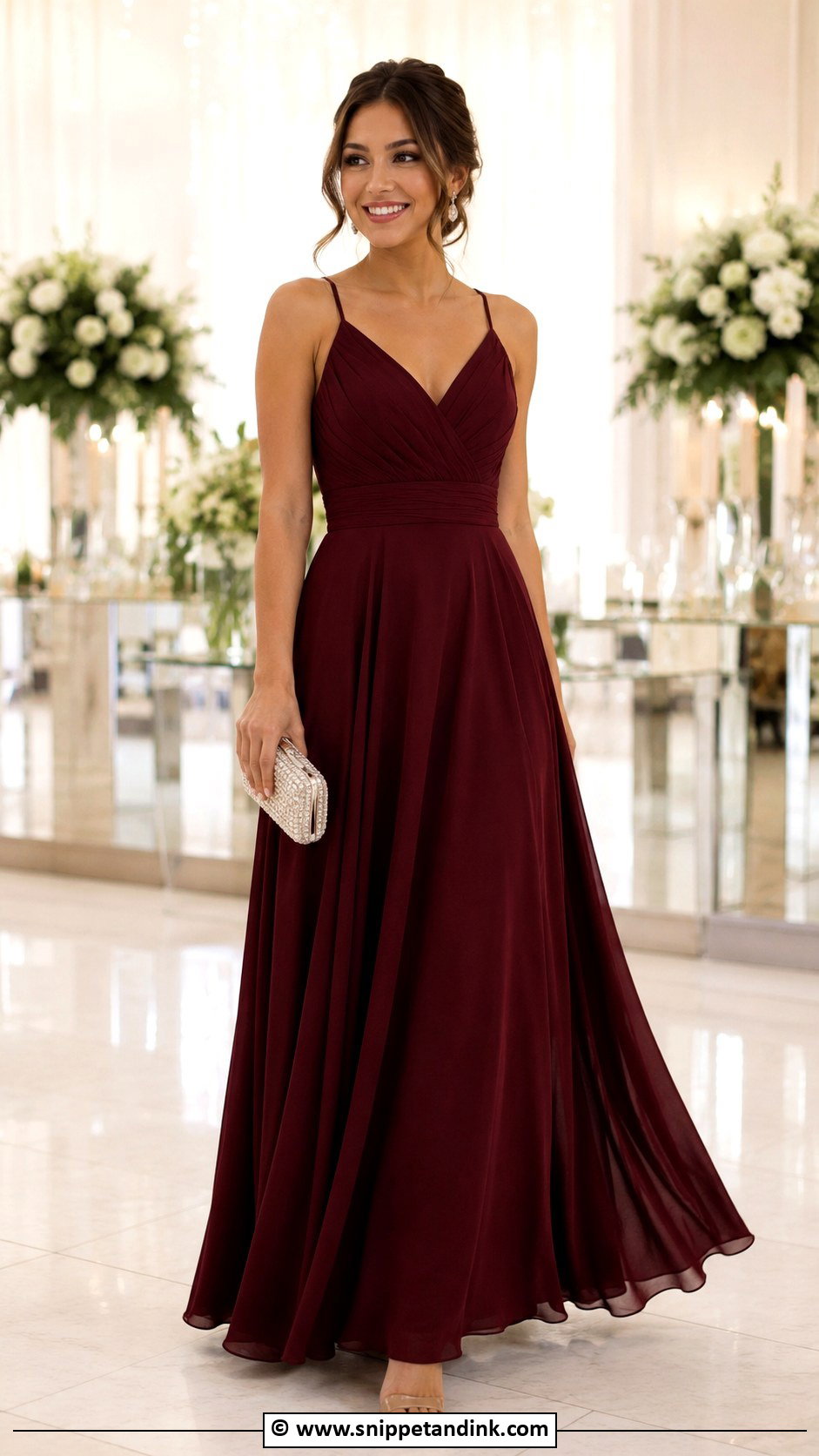 Burgundy A Line Gown With Crystal Clutch - Snippet and Ink - 25 Burgundy Gown Ideas