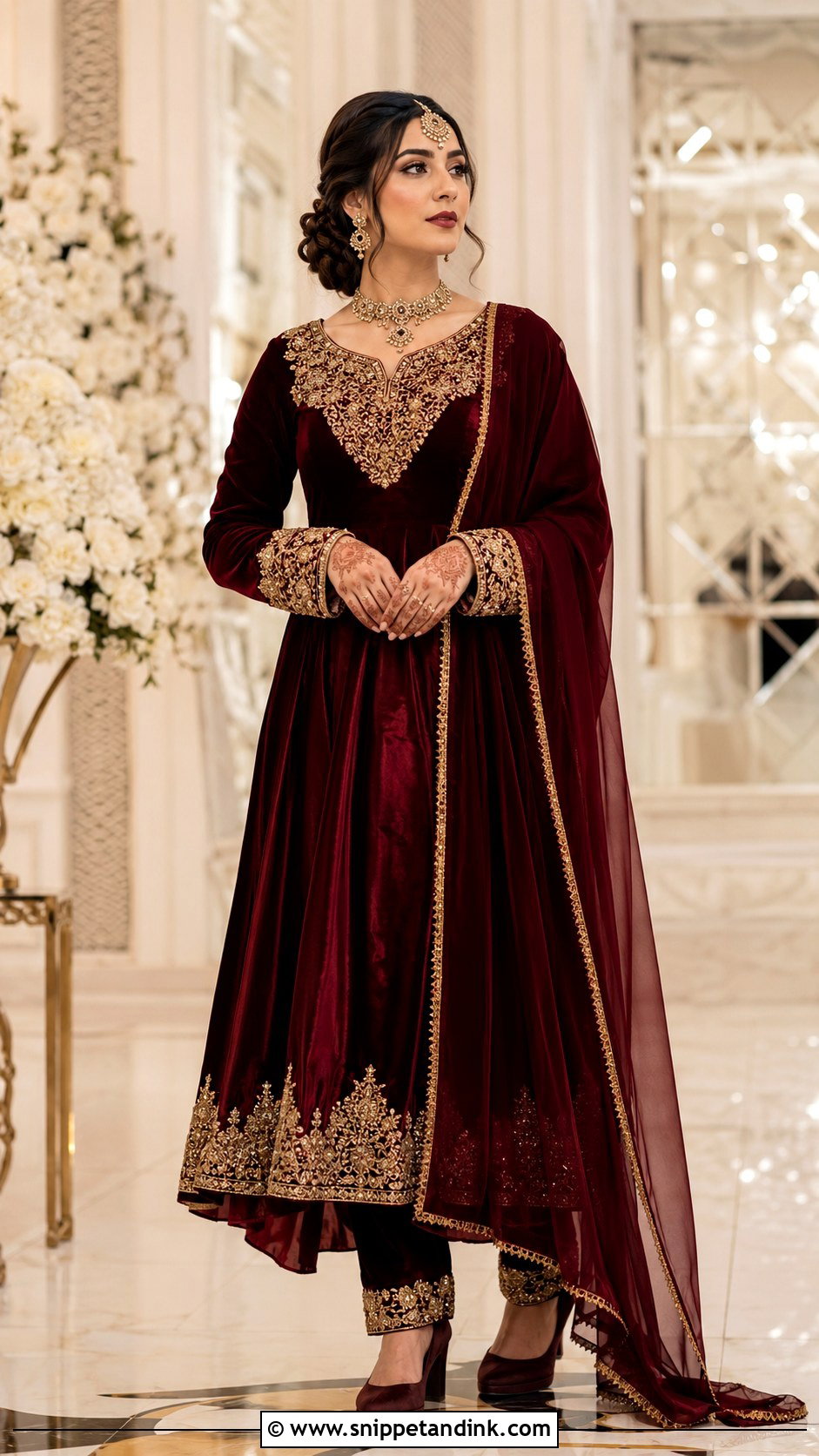 Burgundy Afghan Bridal Dress With Long Sleeves - Snippet and Ink - 20 Afghan Bridal Dress Ideas