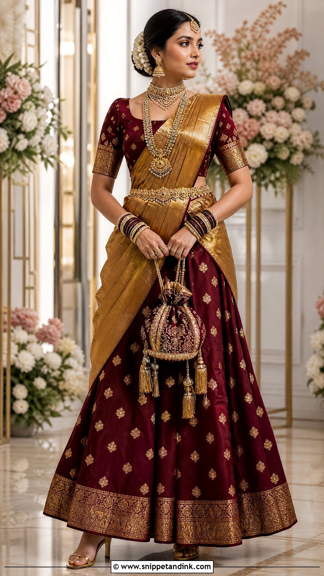 Burgundy And Gold Bridal Thavani - Snippet and Ink - 20 Thavani Styles for Wedding