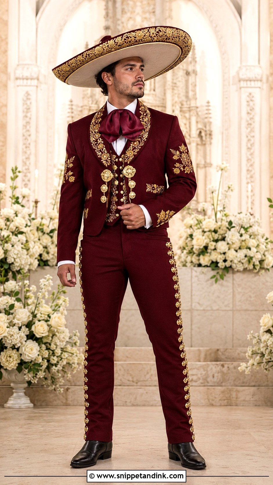 Burgundy And Gold Charro Wedding Suit - Snippet and Ink - 20 Charro Wedding Suit Ideas