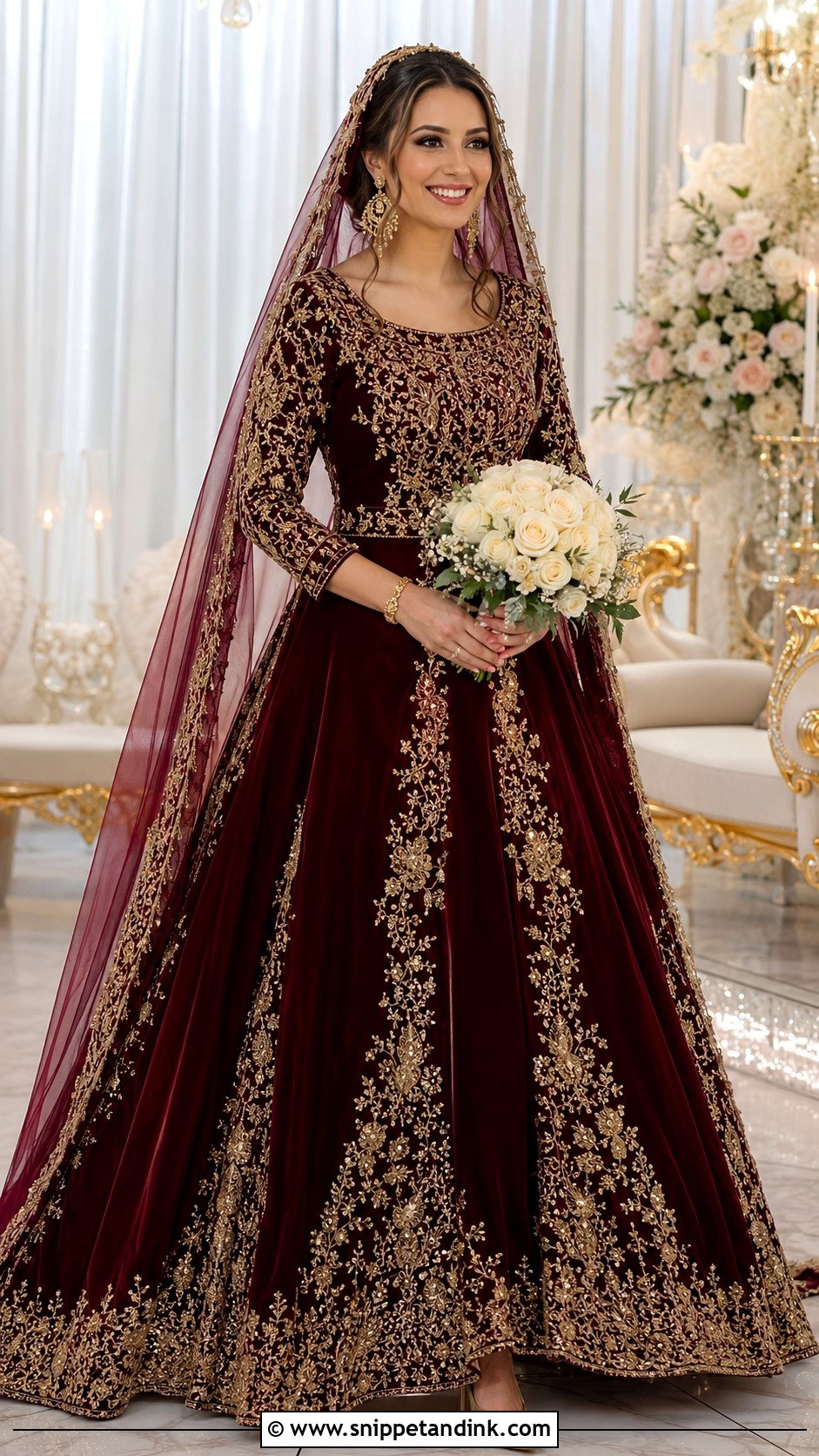 Burgundy And Gold Embroidered Gown - Snippet and Ink - 20 Burgundy Wedding Gown Ideas
