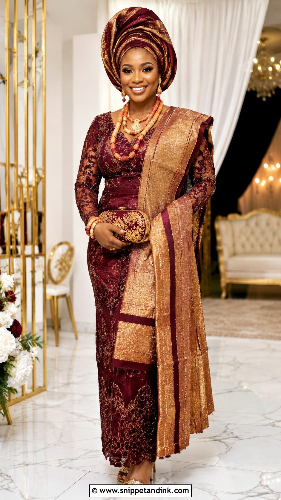 Burgundy And Gold Yoruba Wedding Dress - Snippet and Ink - 20 Yoruba Wedding Dress Ideas