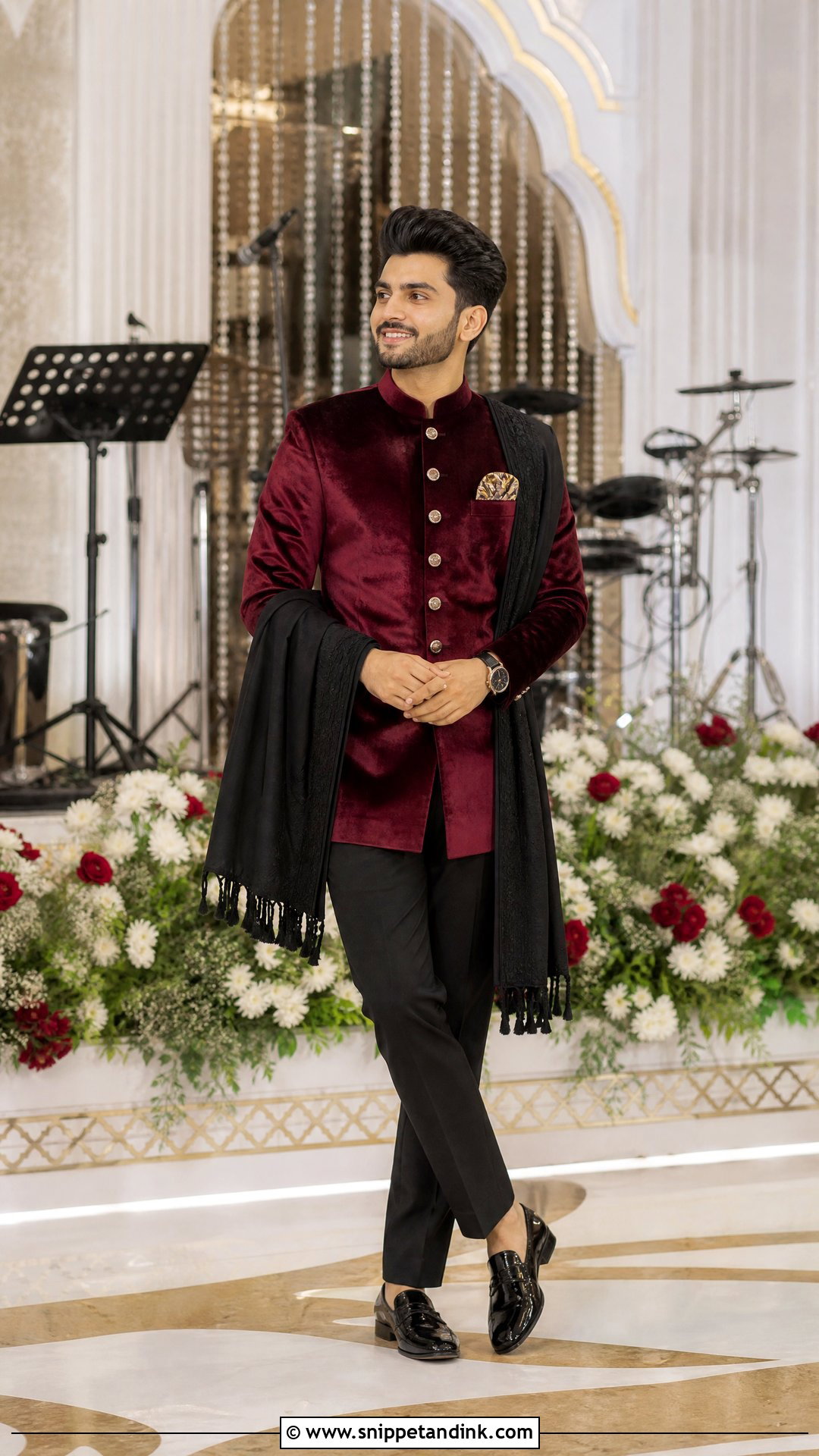 Burgundy Bandhgala Sangeet Outfit - Snippet and Ink - 20 Virat Kohli Wedding Dress Ideas