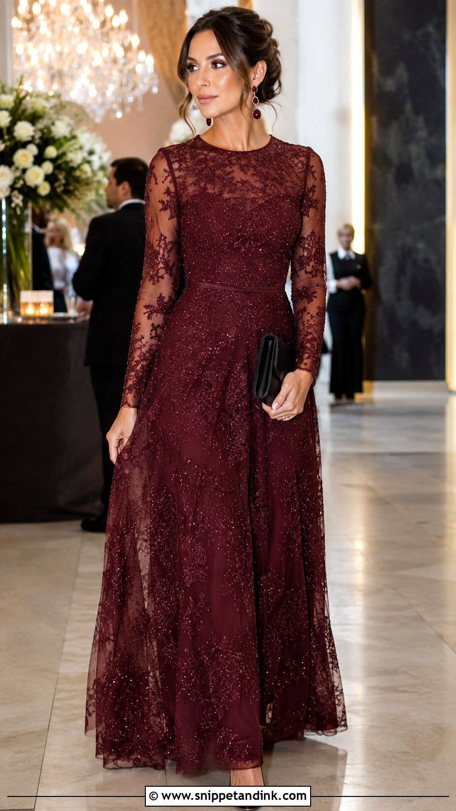 Burgundy Beaded Lace Long Sleeve Gown - Snippet and Ink - 20 Beaded Lace Gown Ideas