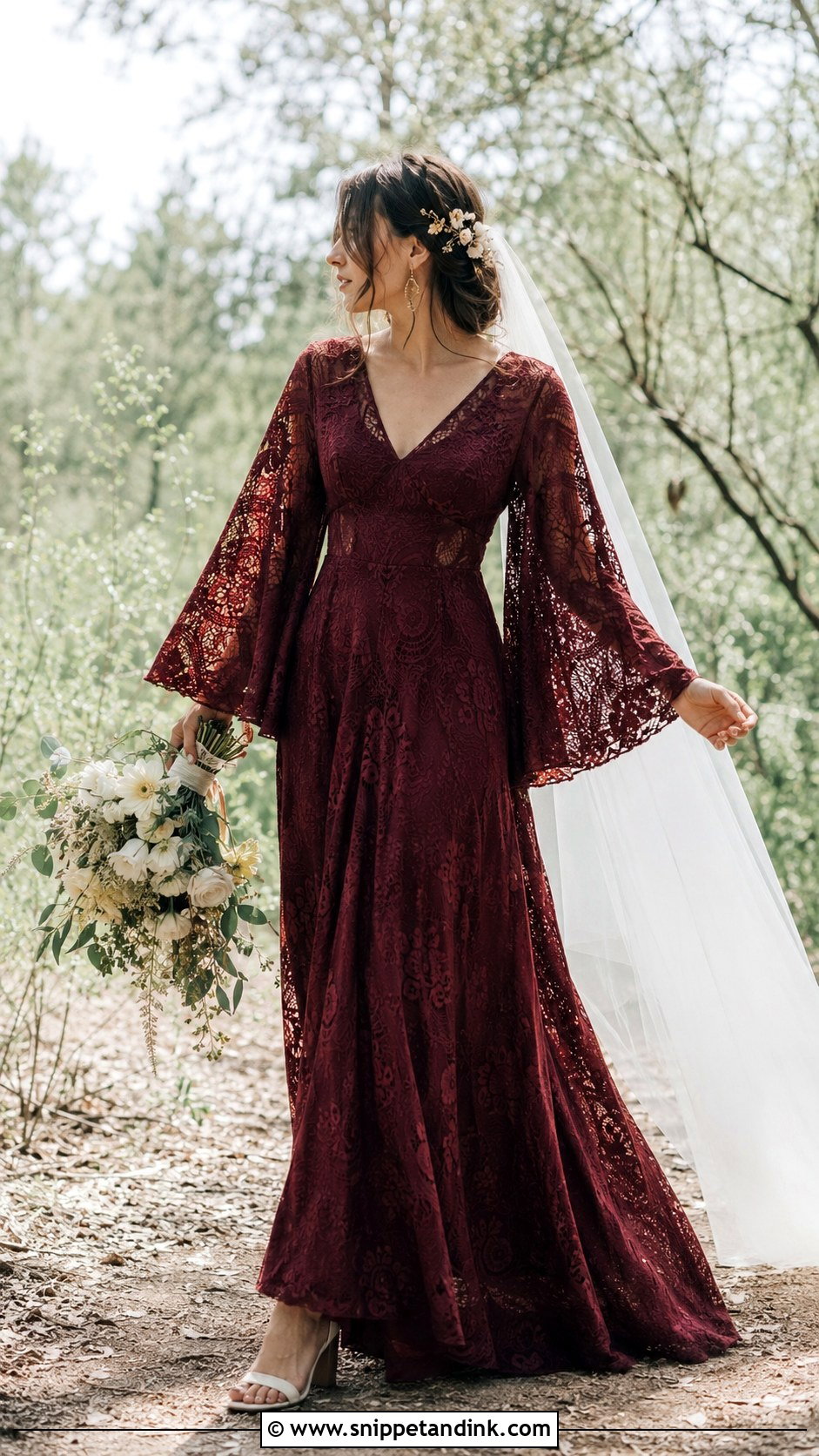 Burgundy Boho Lace Bell Sleeve Gown - Snippet and Ink - 20 Burgundy Wedding Gown Ideas