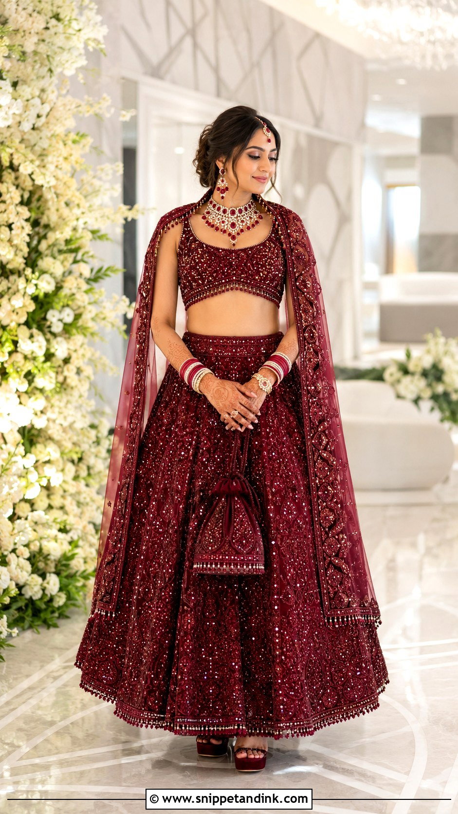 Burgundy Bridal Chaniya Choli With Cape Dupatta - Snippet and Ink - 20 Bridal Chaniya Choli Indian Weddings Ideas