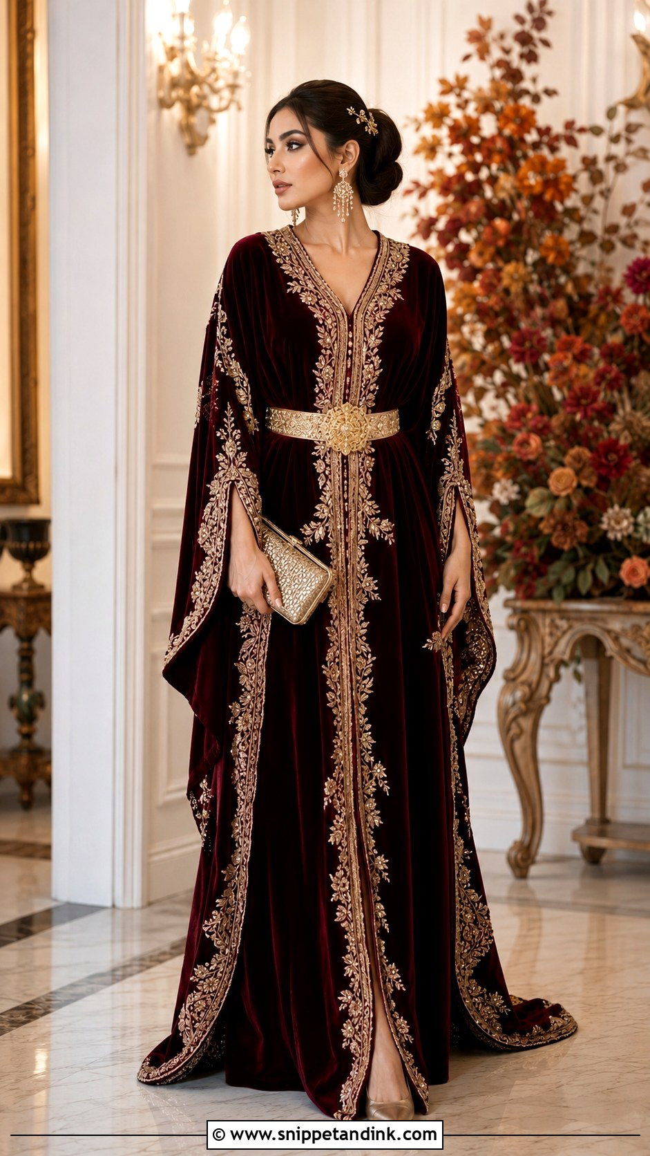 Burgundy Bridal Kaftan With Antique Gold Belt - Snippet and Ink - 20 Bridal Kaftan Ideas