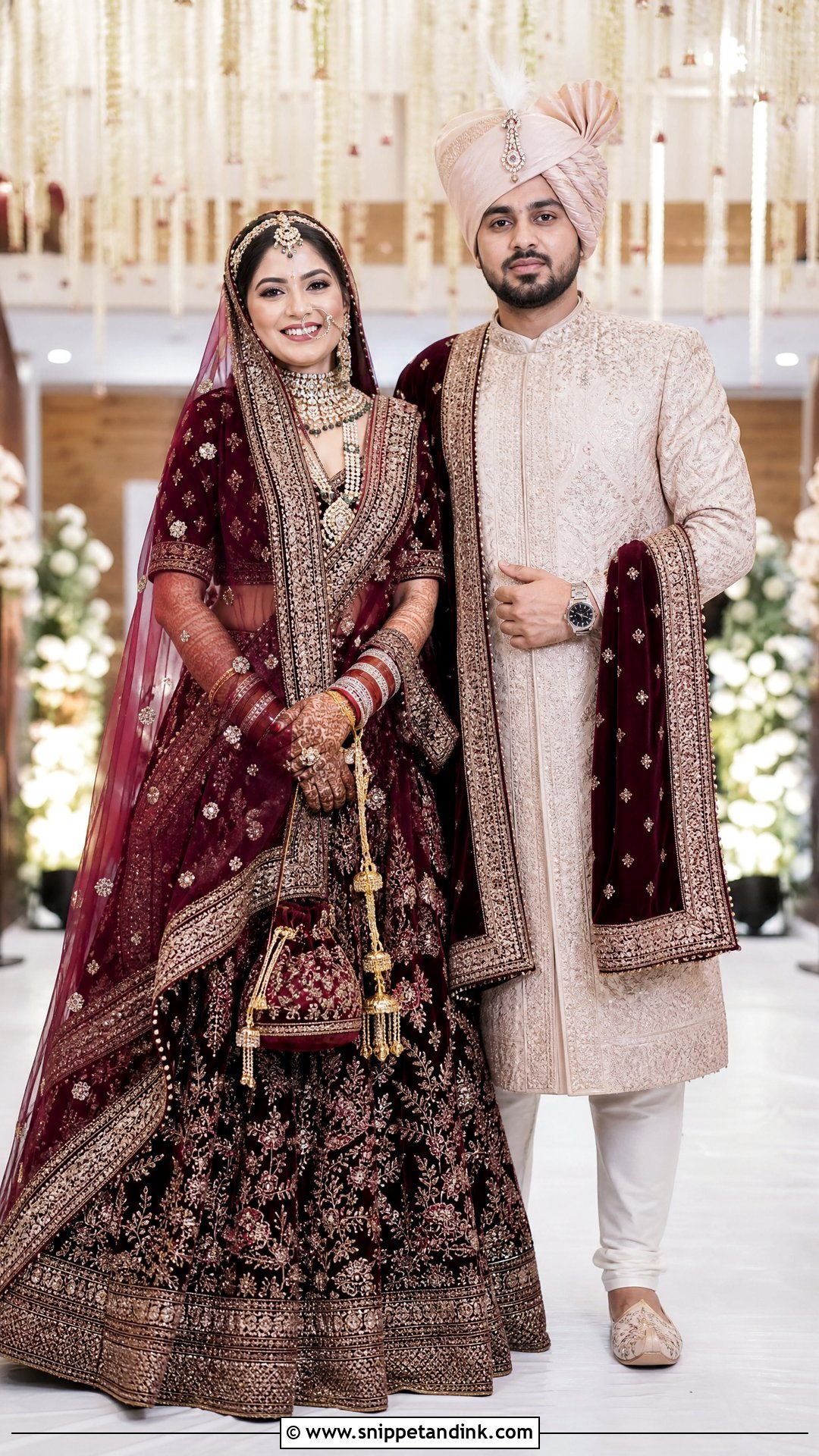 Burgundy Bridal Lehenga And Blush Sherwani Couple Outfit - Snippet and Ink - 20 Indian Bridal Couple Dress Ideas
