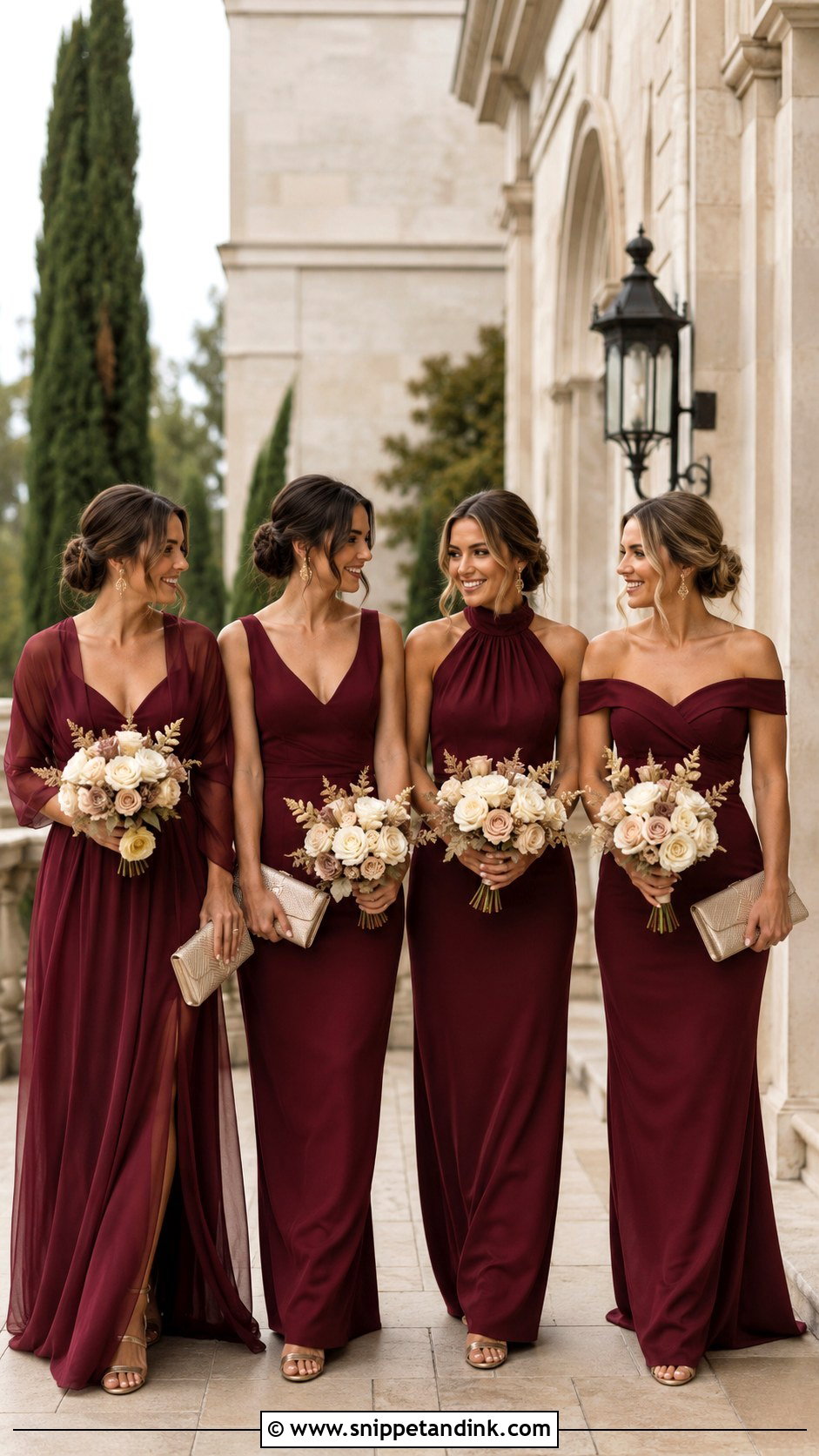 Burgundy Bridal Team Dresses With Gold Heels - Snippet and Ink - 20 Bridal Team Dresses Ideas