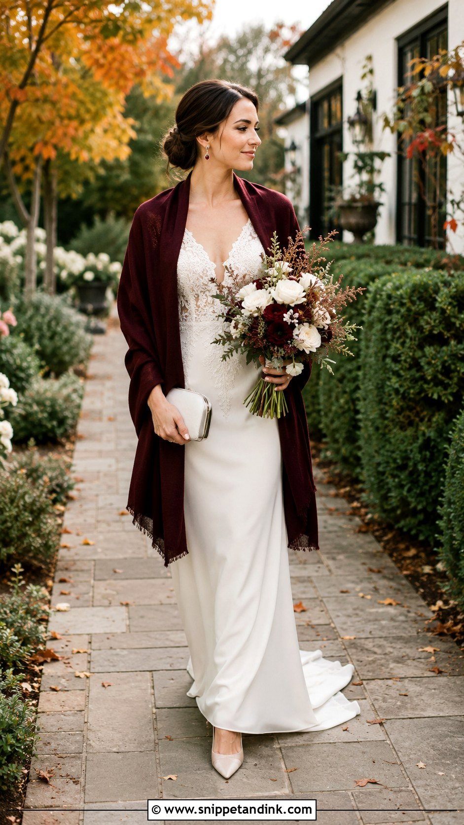Burgundy Bride Shawl With Fall Wedding Dress - Snippet and Ink - 20 Bride Shawl Ideas