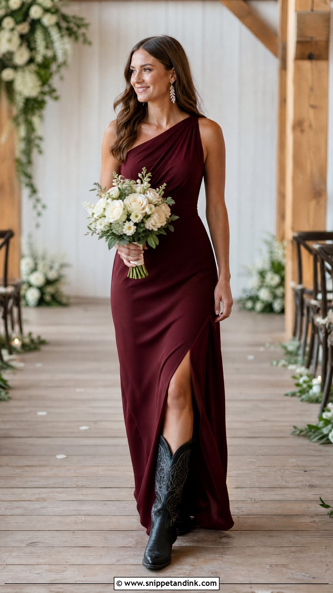 Burgundy Bridesmaid Dress With Black Cowgirl Boots - Snippet and Ink - 25 Wedding Cowgirl Boots Ideas