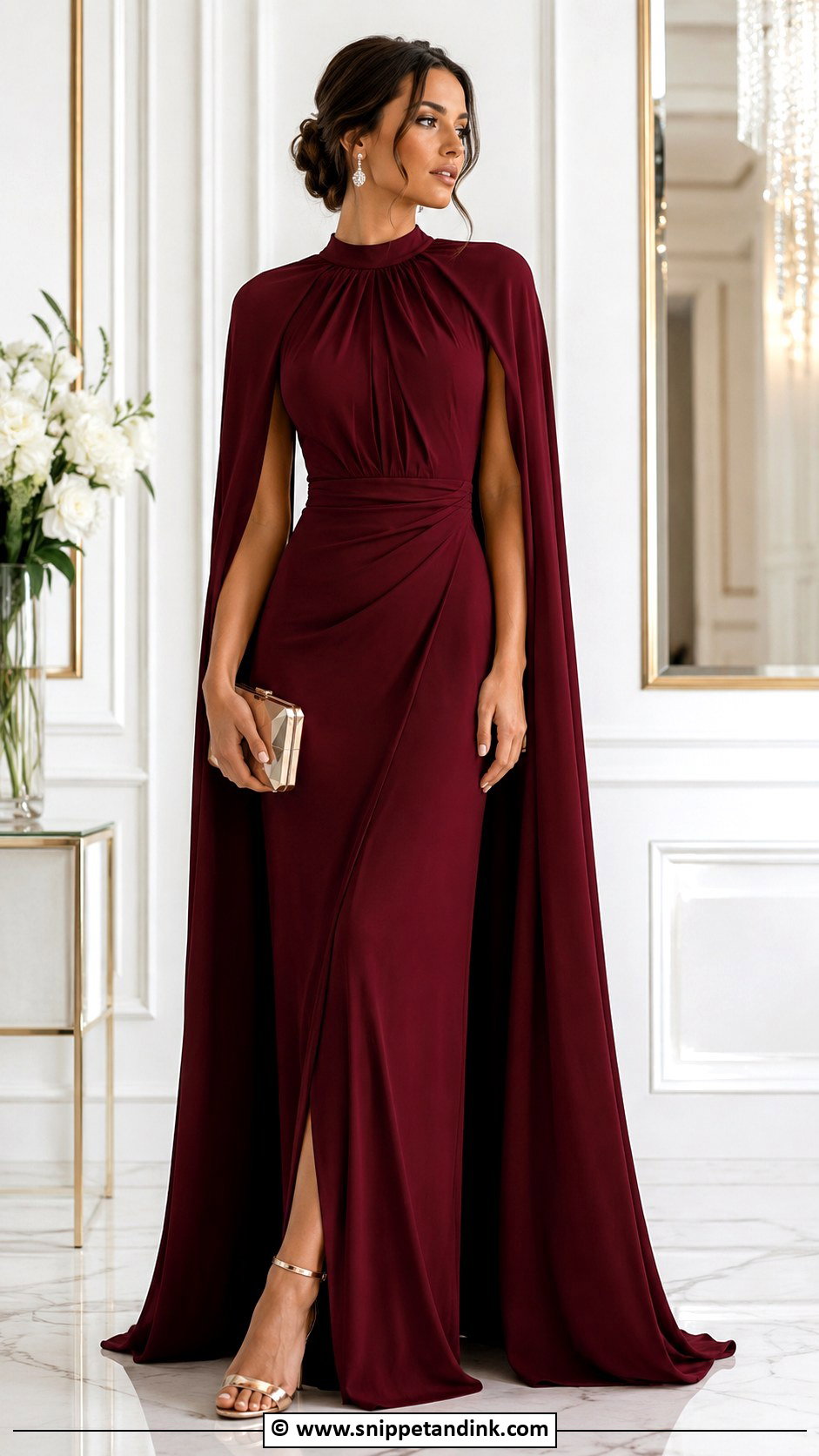 Burgundy Cape Gown With Metallic Heels - Snippet and Ink - 25 Burgundy Gown Ideas