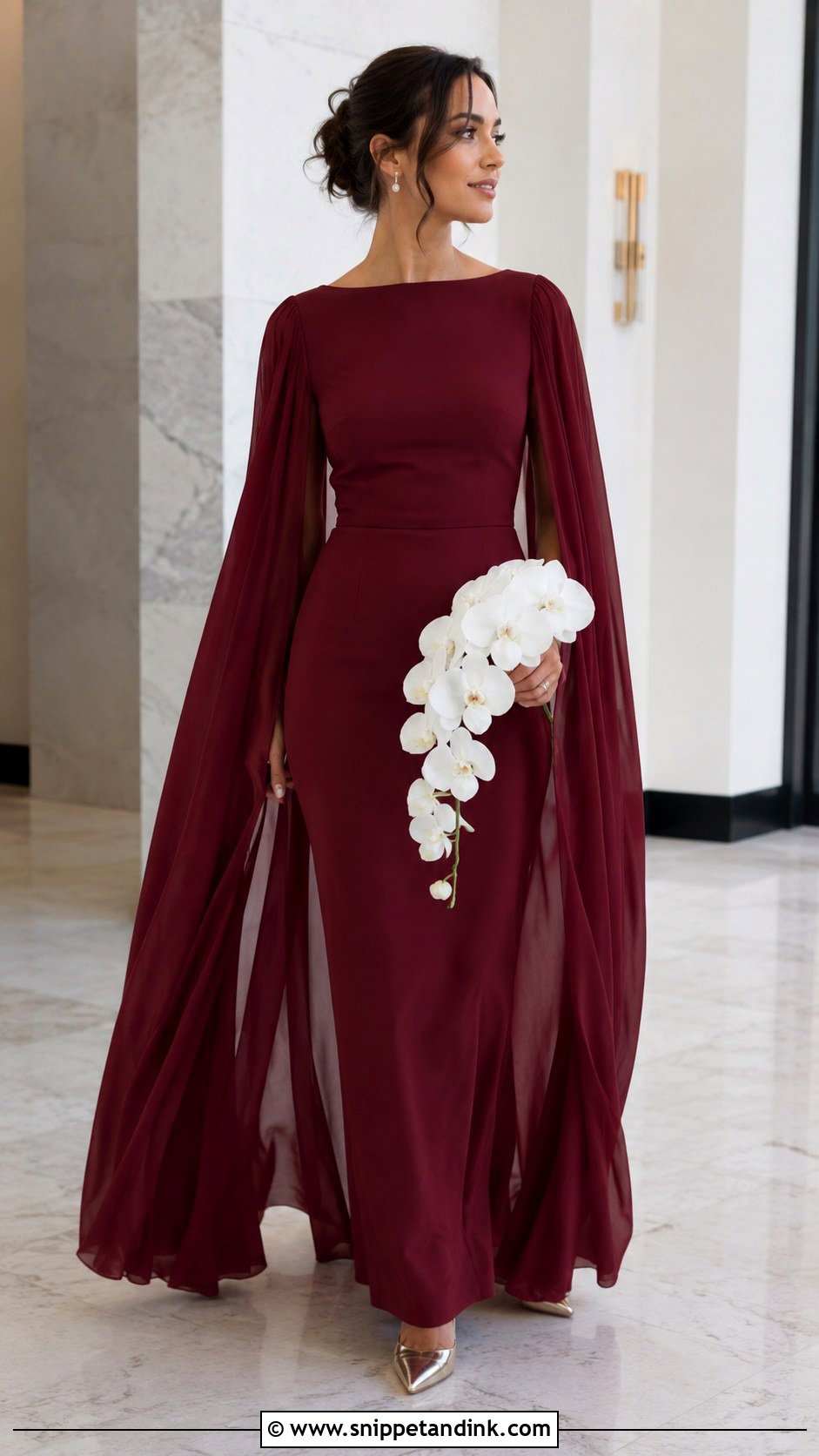 Burgundy Cape Sleeve Gown - Snippet and Ink - 20 Burgundy Wedding Gown Ideas