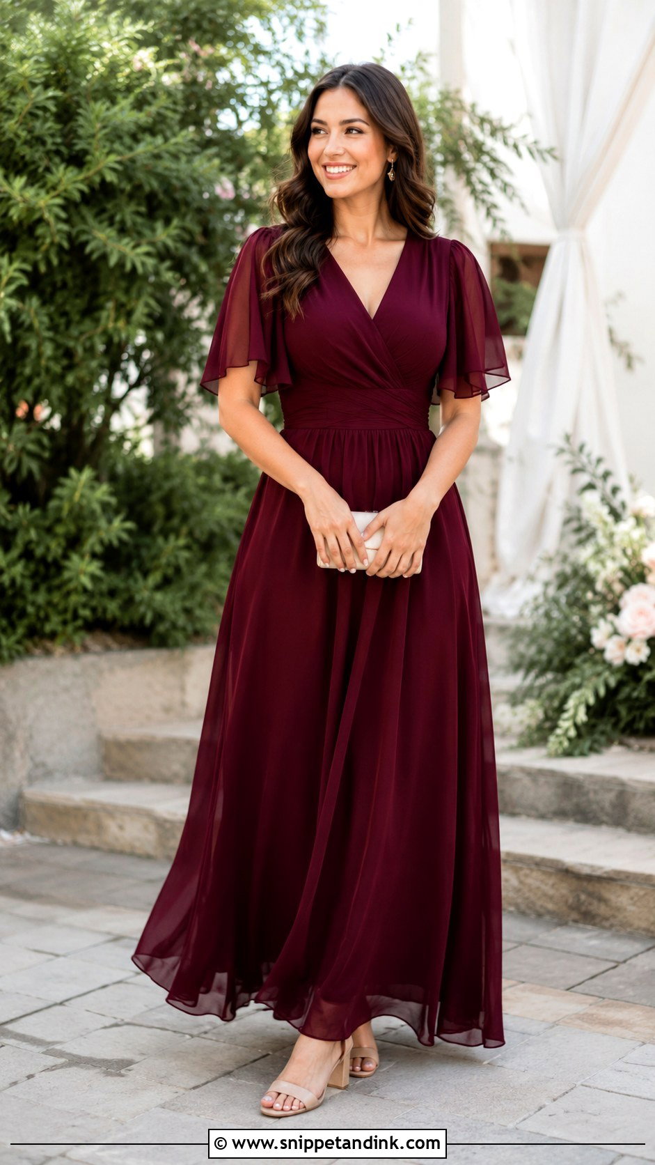 Burgundy Chiffon Wedding Dress Outfit - Snippet and Ink - 30 Burgundy Wedding Dress Ideas