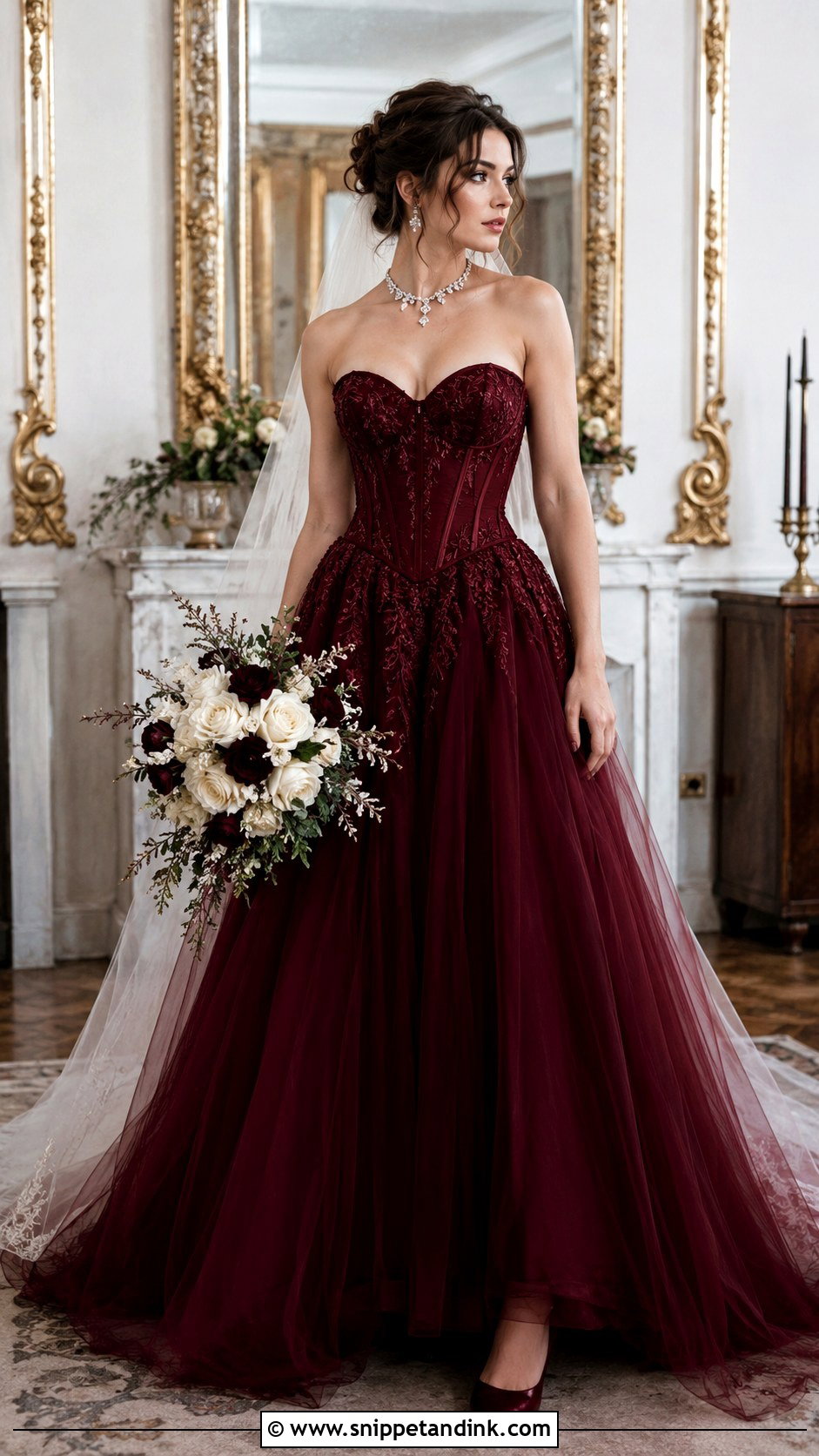 Burgundy Corset Bodice Gown - Snippet and Ink - 20 Burgundy Wedding Gown Ideas