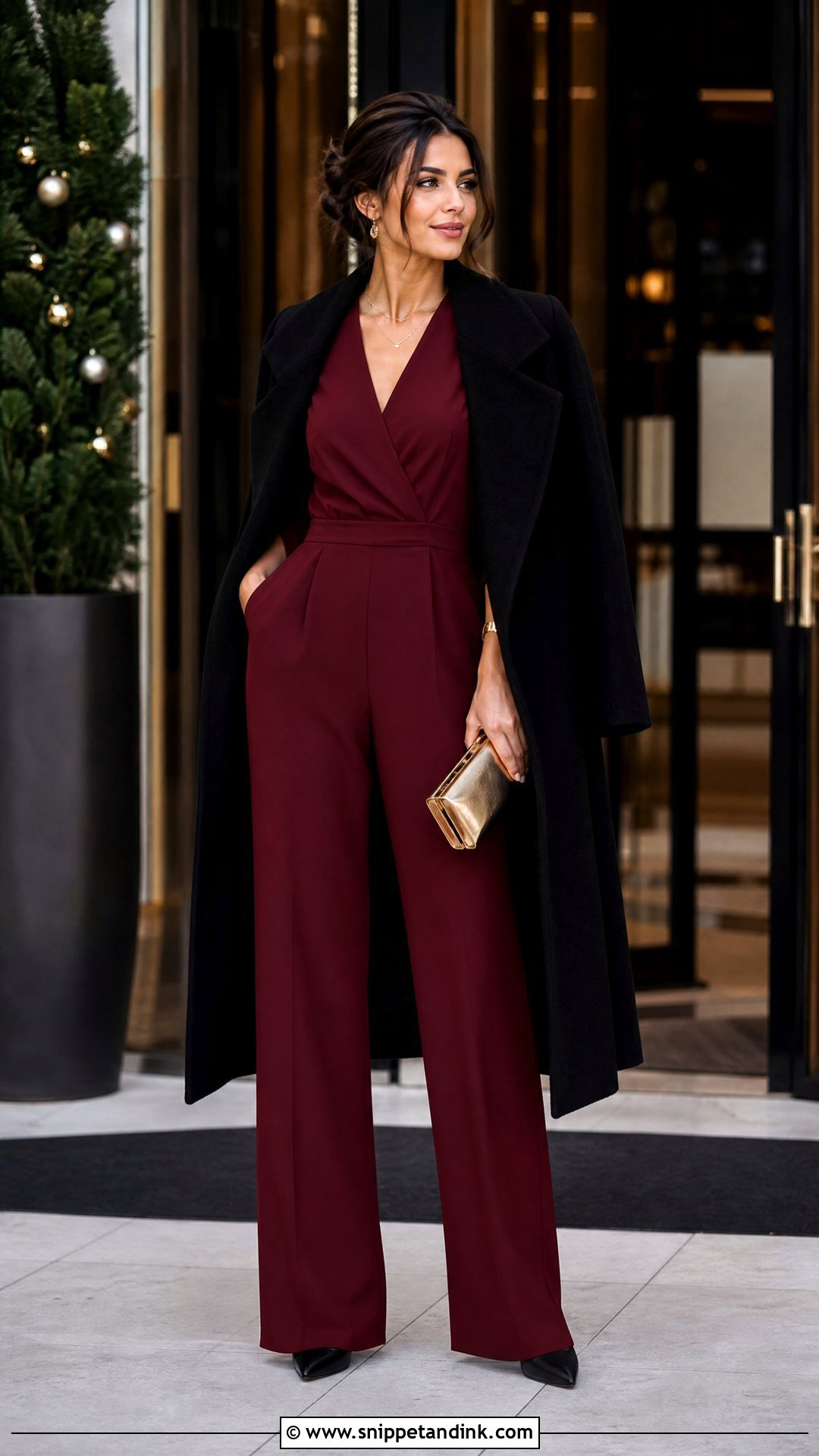 Burgundy Crepe Jumpsuit Winter Wedding Outfit - Snippet and Ink - 20 Semi Formal Winter Wedding Attire Ideas