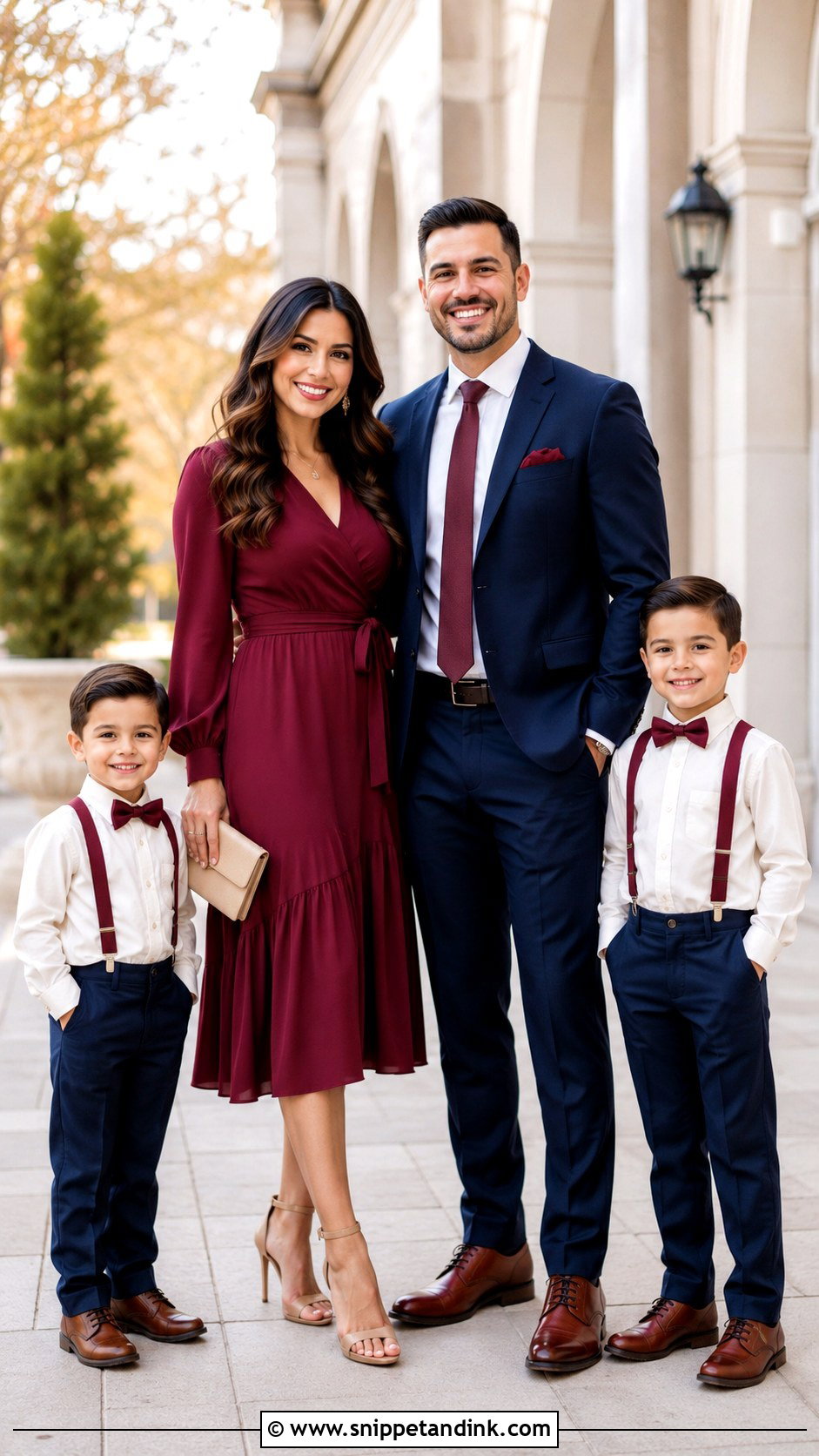 Burgundy Dress And Navy Suit Family Wedding Outfit - Snippet and Ink - 25 Family Wedding Outfits