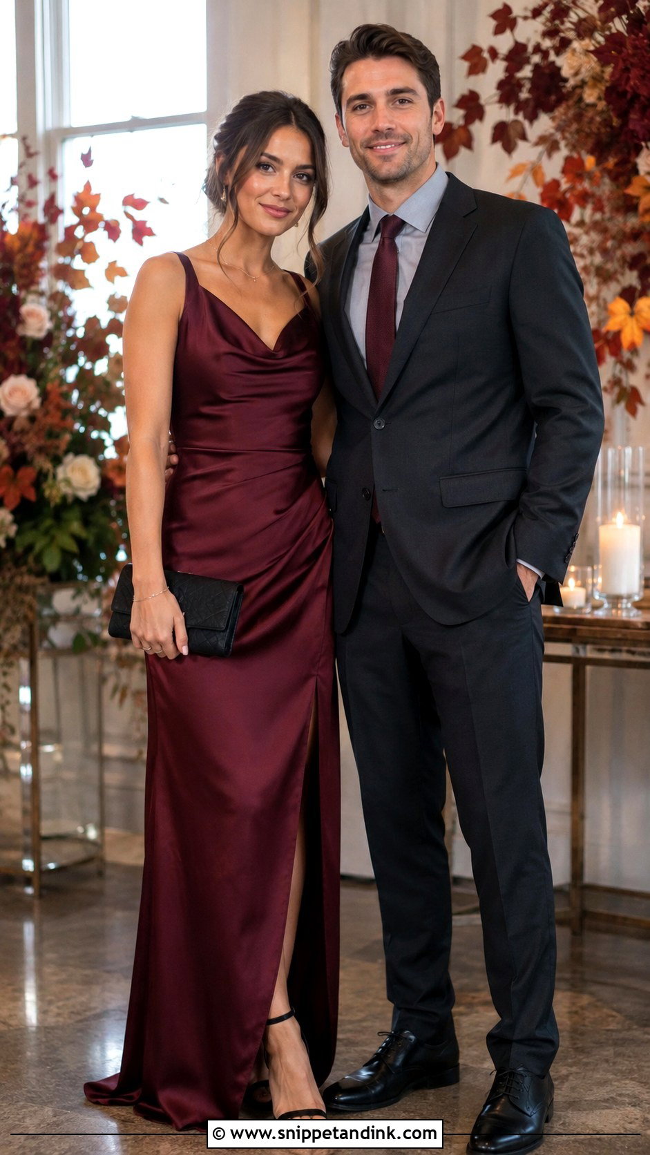 Burgundy Dress and Charcoal Suit Wedding Couple Outfit - Snippet and Ink - 20 Matching Couple Outfits for Wedding