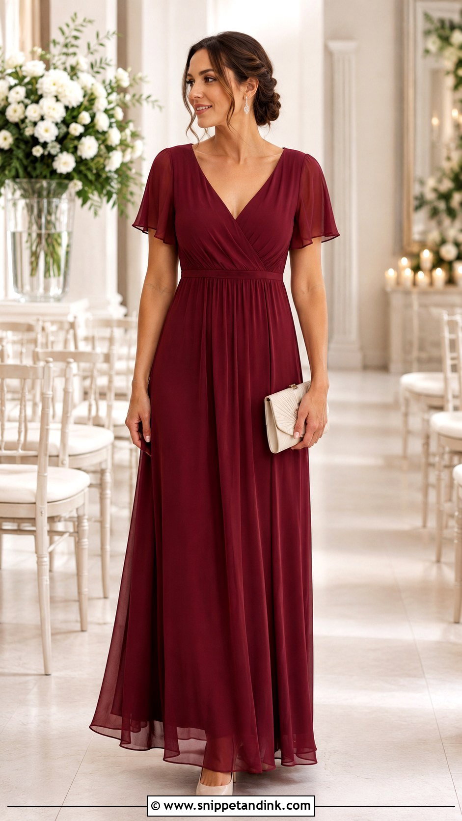 Burgundy Empire Waist Dress With Kitten Heels - Snippet and Ink - 20 Burgundy Dress Wedding Outfit Ideas