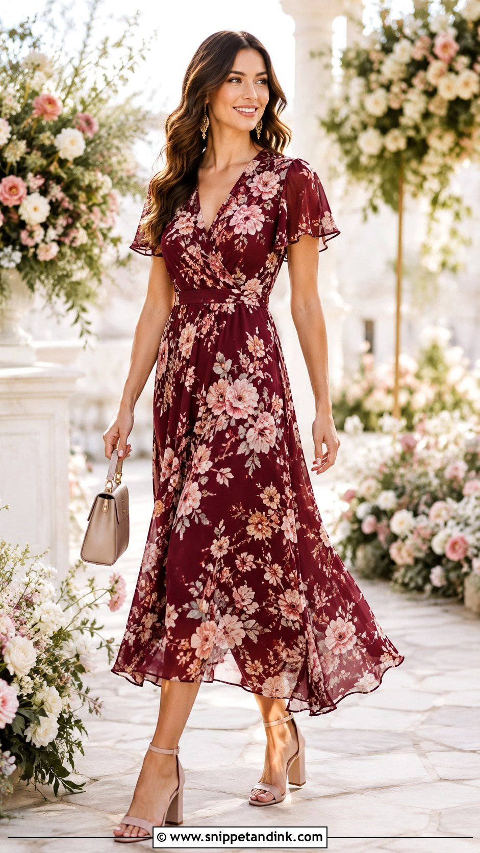 Burgundy Floral Dress With Blush Heels - Snippet and Ink - 20 Burgundy Dress Wedding Outfit Ideas