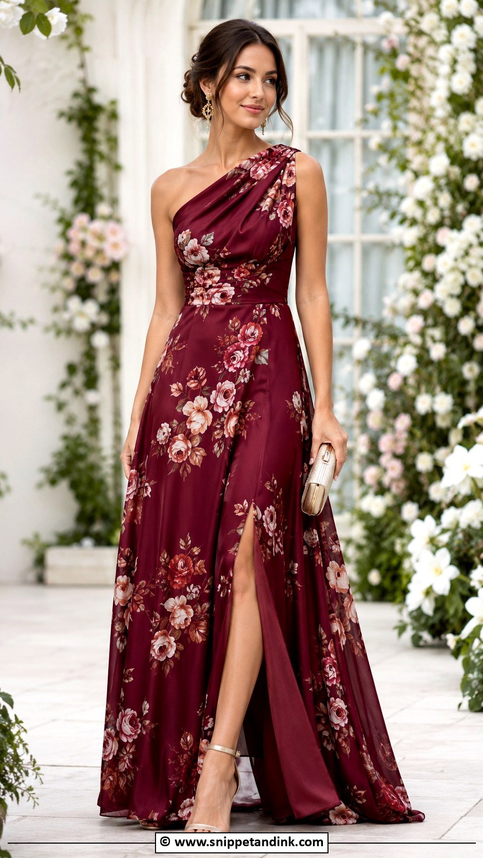 Burgundy Floral Gown With Soft Metallic Accessories - Snippet and Ink - 25 Burgundy Gown Ideas