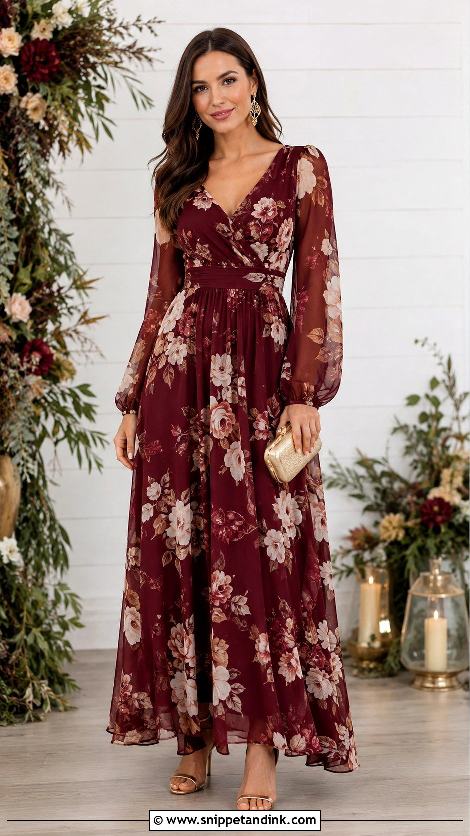 Burgundy Floral Maid of Honor Dress With Gold Heels - Snippet and Ink - 20 Floral Maid of Honor Dress Ideas