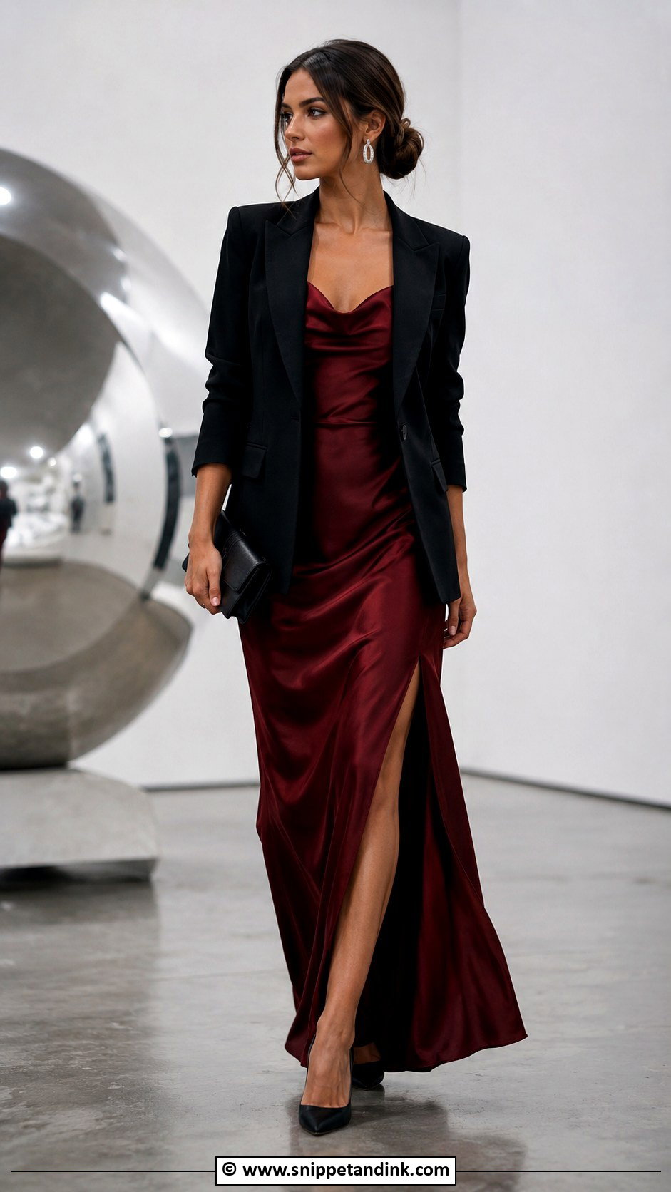 Burgundy Formal Gown With Black Blazer - Snippet and Ink - 25 Burgundy Gown Ideas