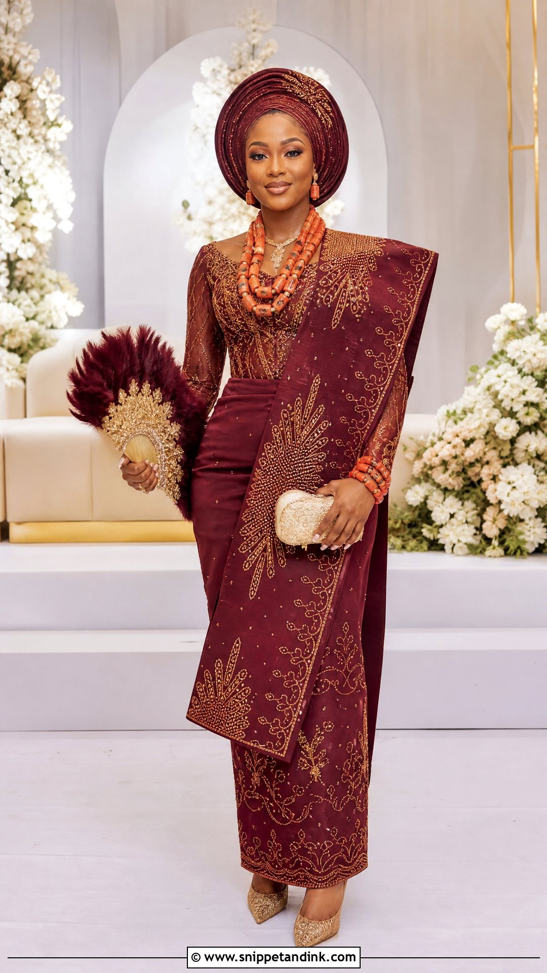 Burgundy George Igbo Bride Outfit - Snippet and Ink - 20 Igbo Bride Traditional Wedding Outfit Ideas