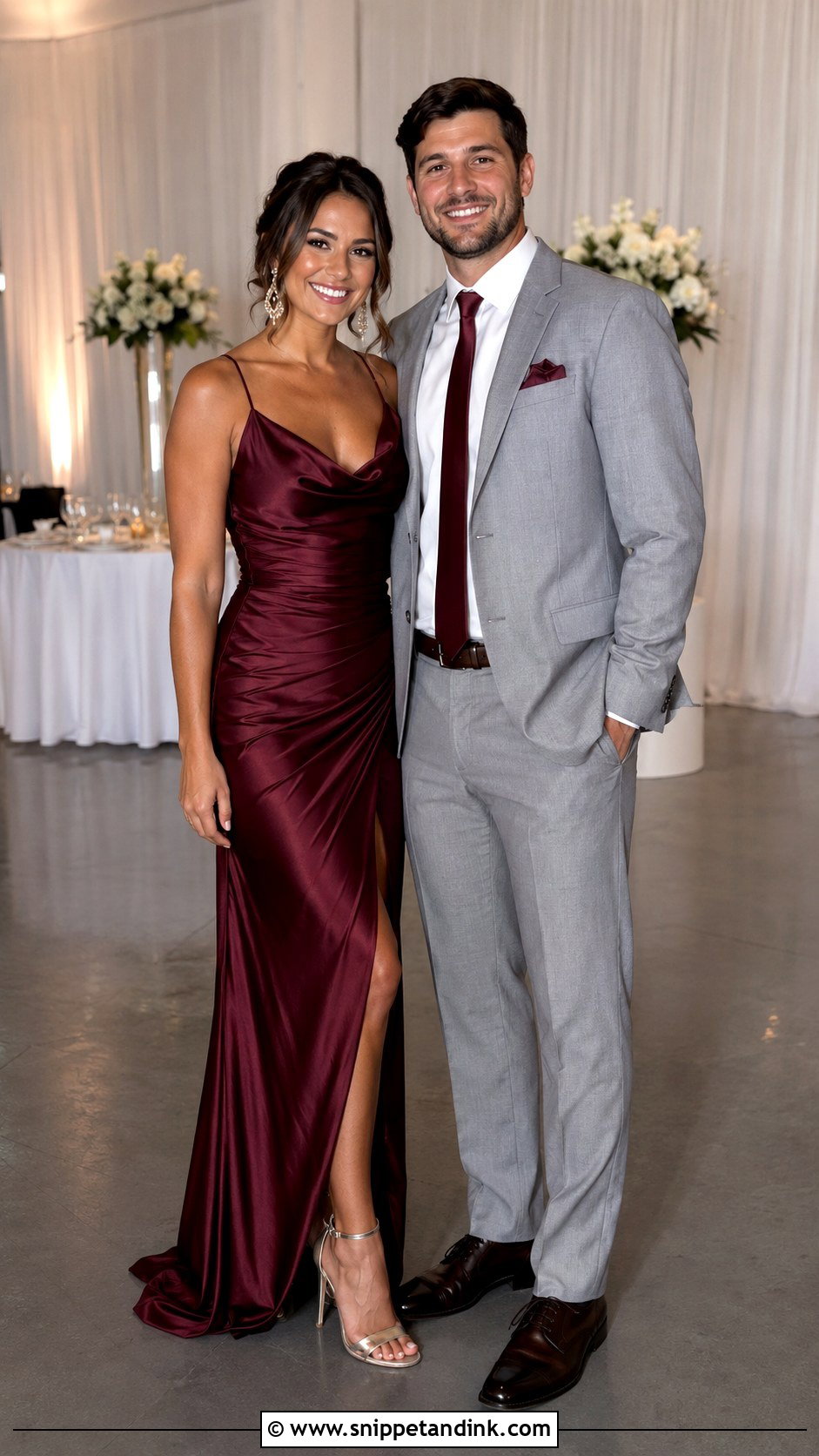 Burgundy Gown And Light Gray Suit Wedding Outfit - Snippet and Ink - 25 Couple Contrast Outfits for Wedding