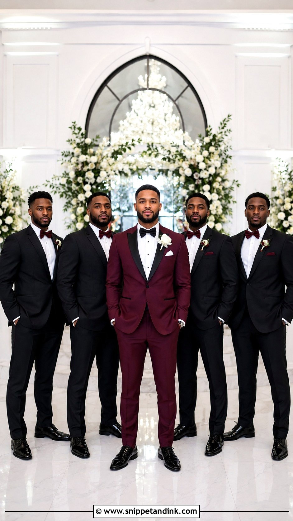 Burgundy Groom Tuxedo With Black Groomsmen - Snippet and Ink - 20 Burgundy Tuxedo Wedding Ideas