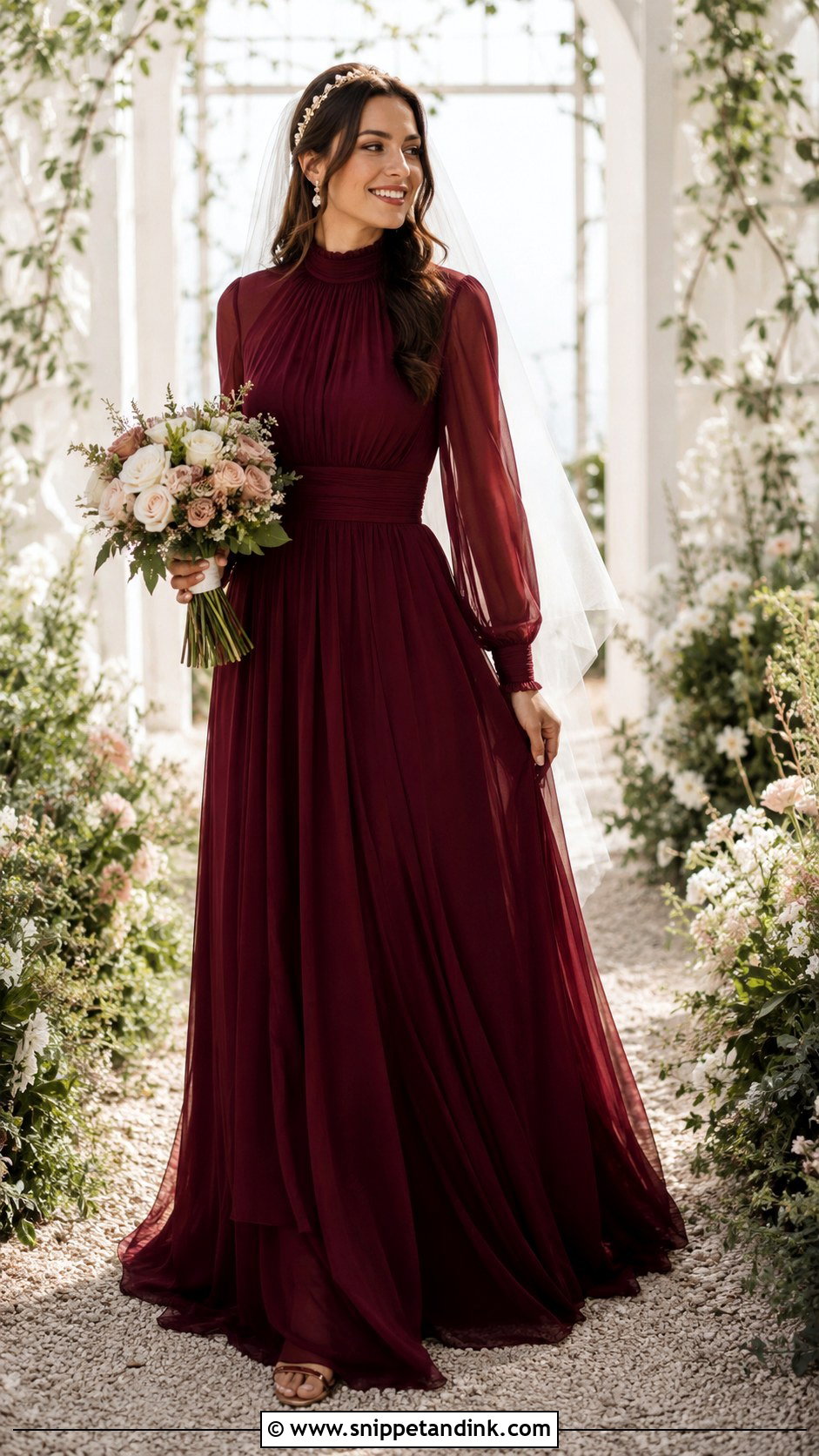 Burgundy High Neck Chiffon Gown - Snippet and Ink - 20 Burgundy Wedding Gown Ideas