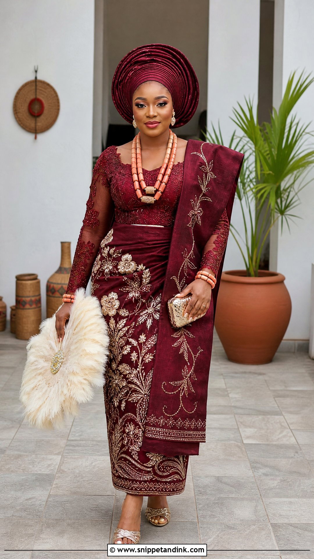 Burgundy Igbo Lace Blouse And George Wrapper - Snippet and Ink - 20 Traditional Igbo Nigerian Wedding Dresses