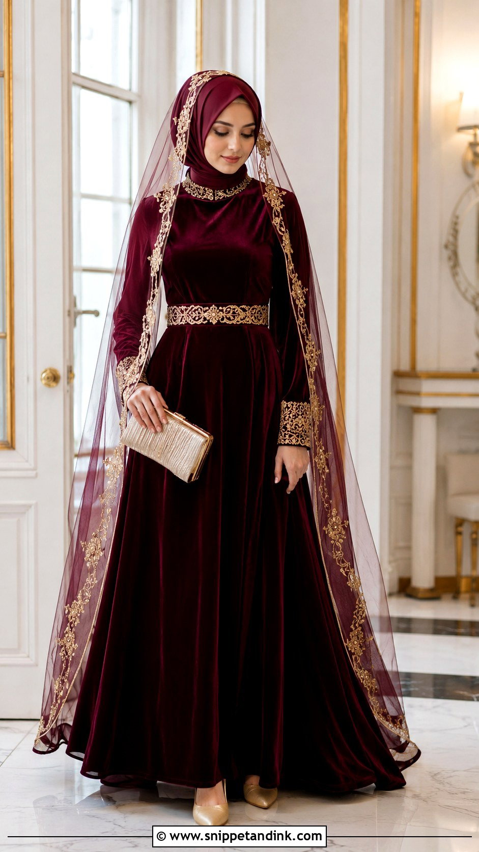 Burgundy Islamic Bridal Velvet Gown With Hijab - Snippet and Ink - 20 Islamic Bride Dress Ideas