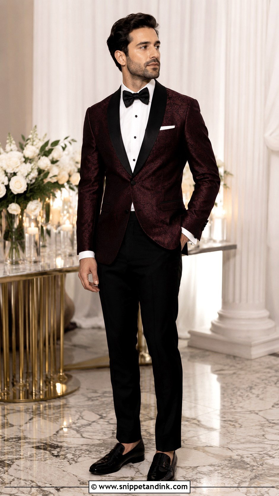 Burgundy Jacquard Tuxedo With Black Trousers - Snippet and Ink - 20 Burgundy Tuxedo Wedding Ideas