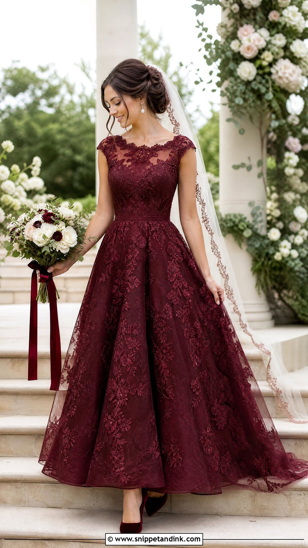 Burgundy Lace A Line Wedding Gown - Snippet and Ink - 20 Red Wedding Gown Ideas