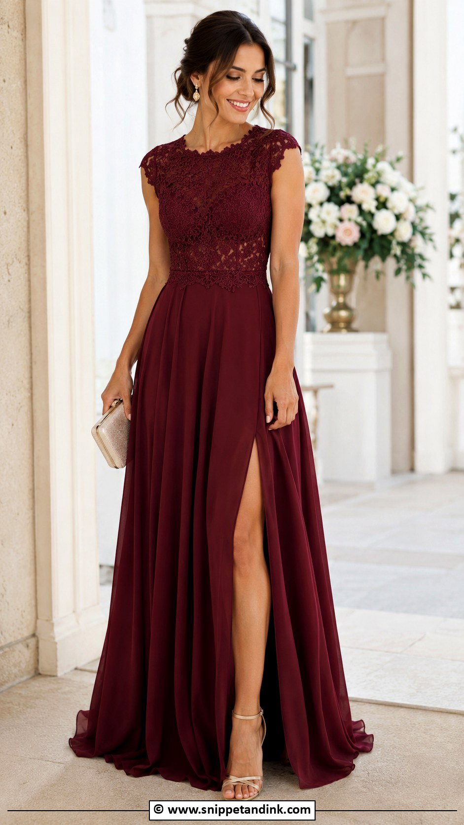 Burgundy Lace Gown With Champagne Heels - Snippet and Ink - 25 Burgundy Gown Ideas