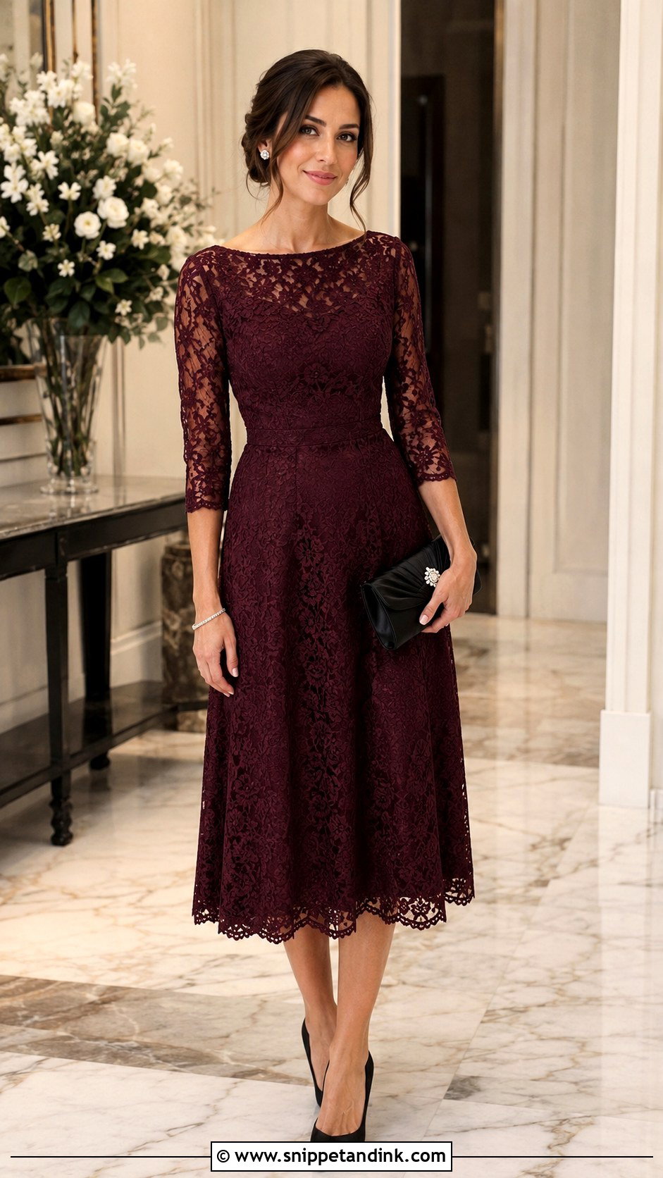 Burgundy Lace Sleeve Dress With Black Heels - Snippet and Ink - 20 Burgundy Dress Wedding Outfit Ideas
