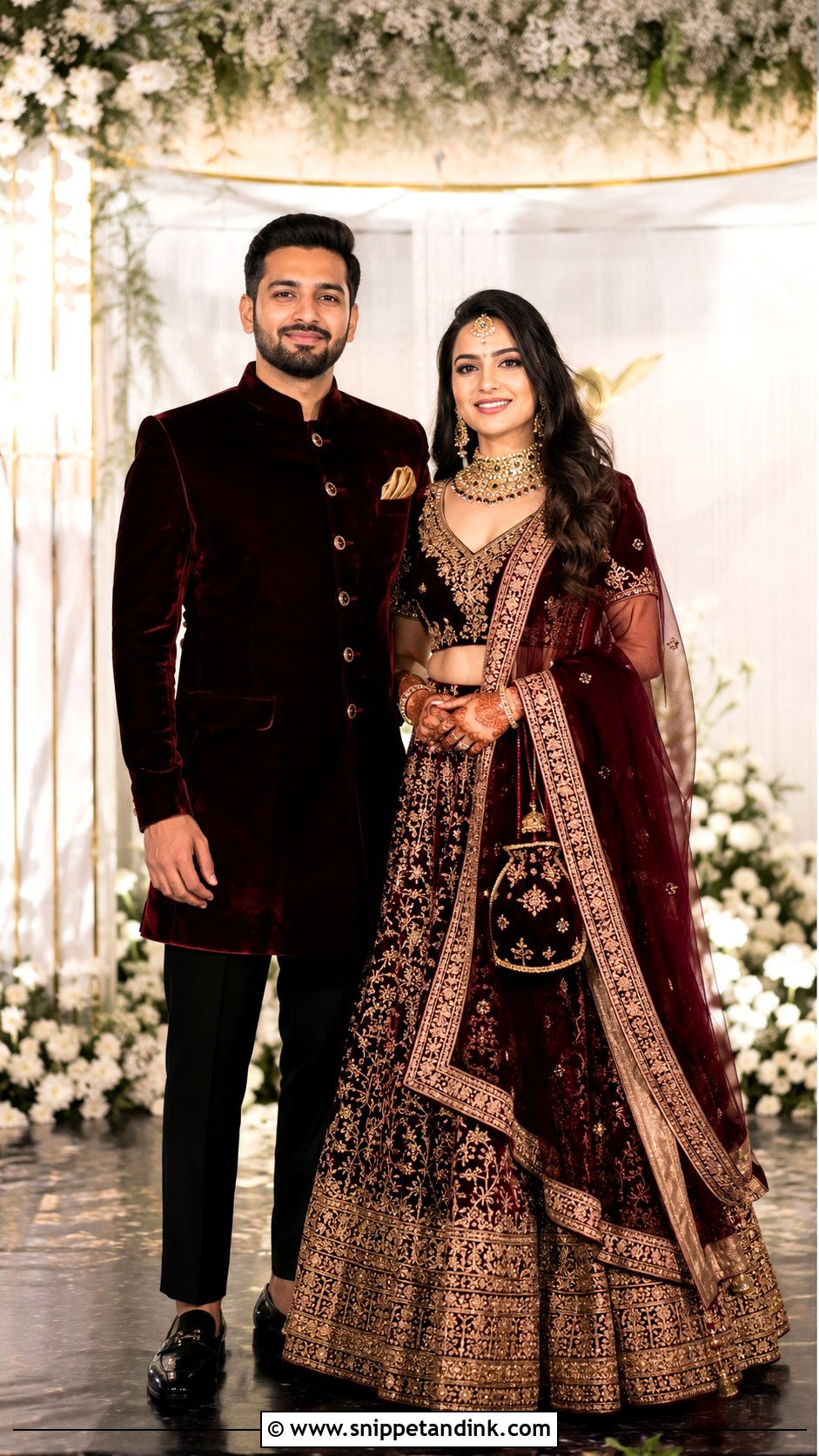 Burgundy Lehenga And Velvet Bandhgala Indian Wedding Outfit - Snippet and Ink - 20 Indian Wedding Matching Outfits